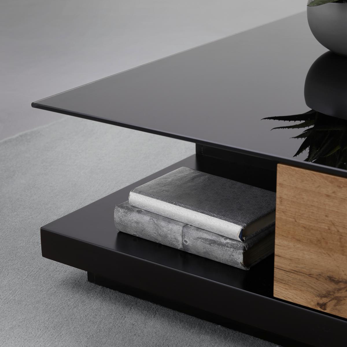 Măsuță de cafea NEVIO - culoare lemn stejar/negru, Modern, sticlă (85/85/30cm) - Bessagi Home