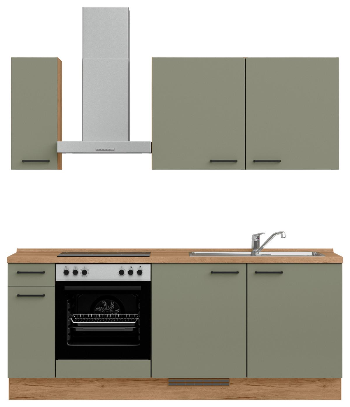 Küchenleerblock Senso Low o. Geräte Olivgrün - Eichefarben/Schwarz, MODERN, Holzwerkstoff/Metall (210cm) - Nobilia