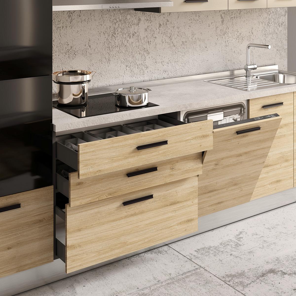 Bucatarie standard ROVERE - gri deschis/culoare lemn stejar, Modern, metal/material pe bază de lemn (360/240/60cm) - Mömax