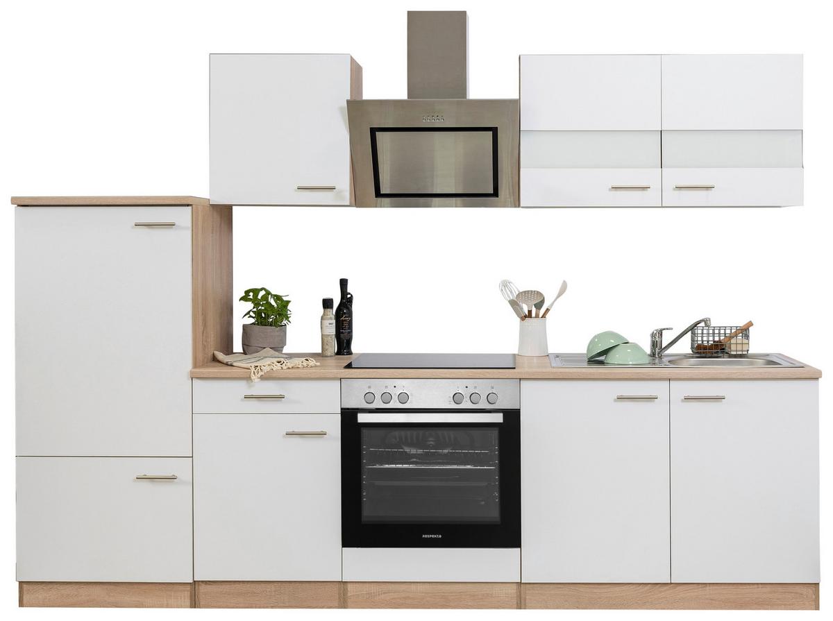 Küchenblock Merle mit Geräten ca. 270 cm Weiß - Edelstahlfarben/Eichefarben, Basics, Holzwerkstoff/Metall (270cm) - Respekta