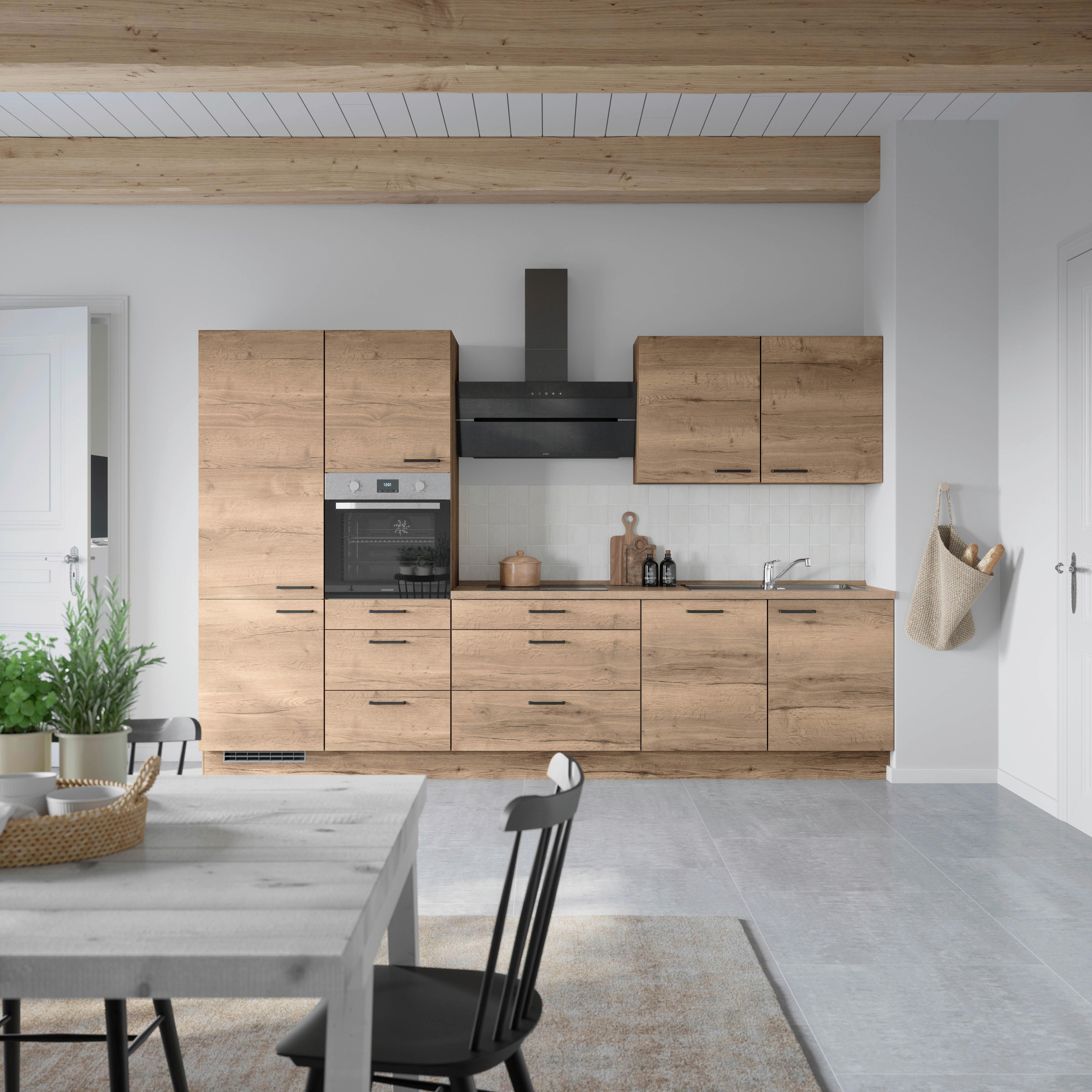 Küchenblock Structura High m. Geräten Eiche dunkel - Eiche dunkel/Schwarz, MODERN, Holzwerkstoff/Metall (330cm) - Nobilia