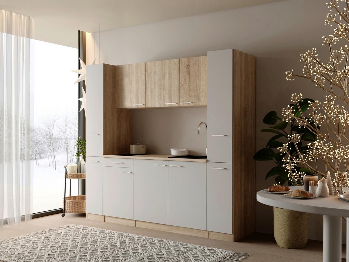 Küchenblock Ingrid m. Gerät Weiß - Eichefarben/Alufarben, Design, Holzwerkstoff/Kunststoff (210cm) - Respekta