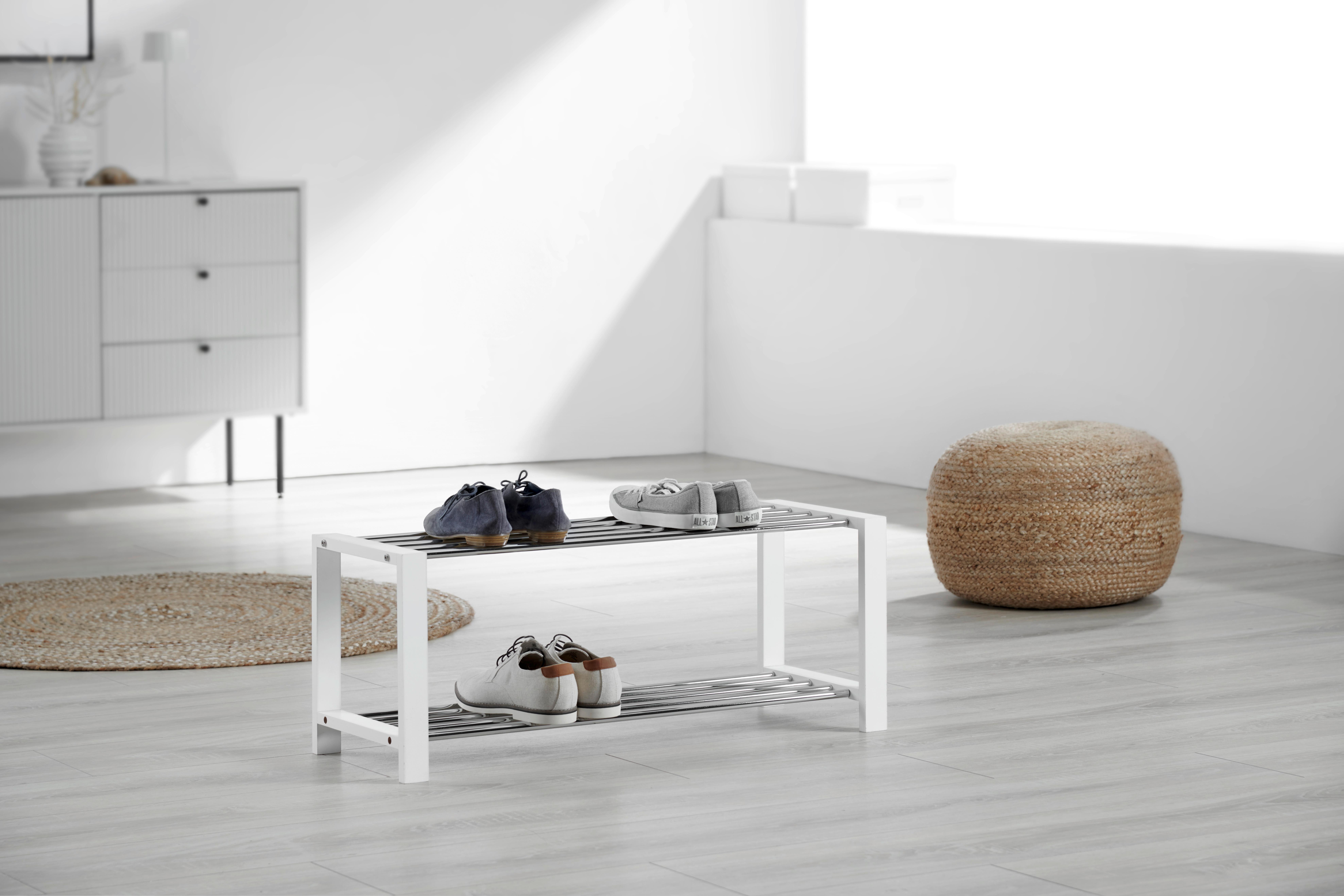 REGAŁ NA BUTY MARIELLA - biały/kolor chromowy, Design, materiał drewnopochodny/metal (80/32/30cm) - Carryhome