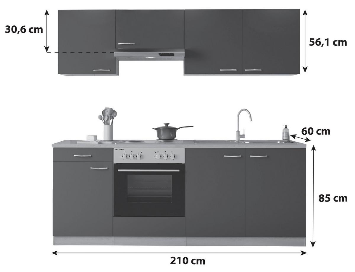 Küchenblock Gerda mit Geräten ca. 210 cm Grau - Buchefarben/Alufarben, Basics, Holzwerkstoff/Kunststoff (210cm) - Respekta
