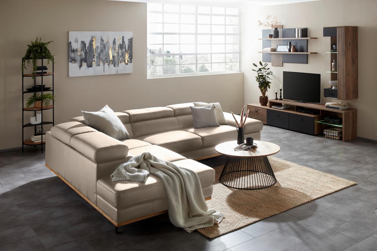 Wohnlandschaft Carmen links Creme - Creme/Schwarz, MODERN, Leder/Holz (292/72/226cm) - Premium Living