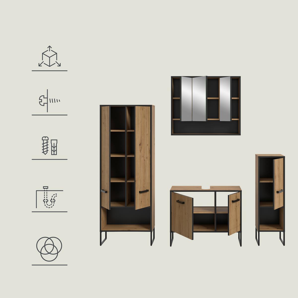 Badezimmer Bagno 4-tlg. Eiche Artisan/Schwarz - Schwarz/Eiche Artisan, Trend, Glas/Holzwerkstoff (169cm) - MID.YOU