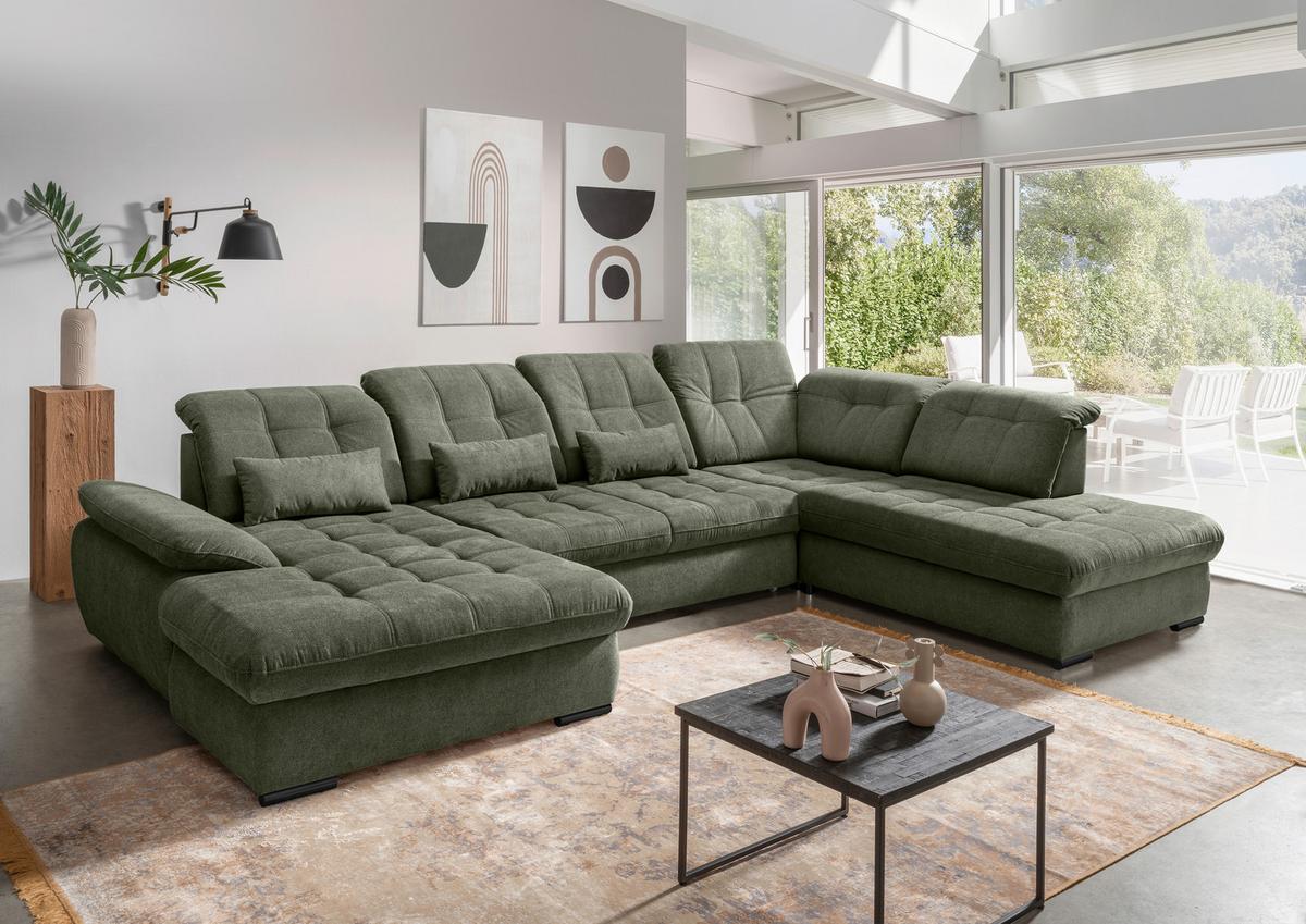 Wohnlandschaft Rigatti Dunkel Grün Chenille m. Bettkasten - Dunkelgrün/Schwarz, MODERN, Textil/Metall (184/387/252cm) - Livetastic