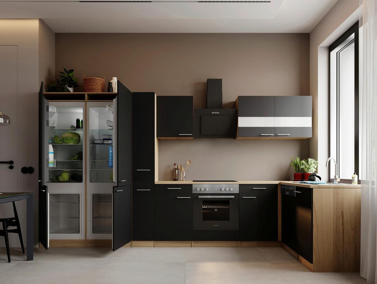 Eckküche Merle m. Geräten ca. 370x172cm Schwarz - Edelstahlfarben/Eichefarben, Trend, Holzwerkstoff/Metall (370/172cm) - Respekta