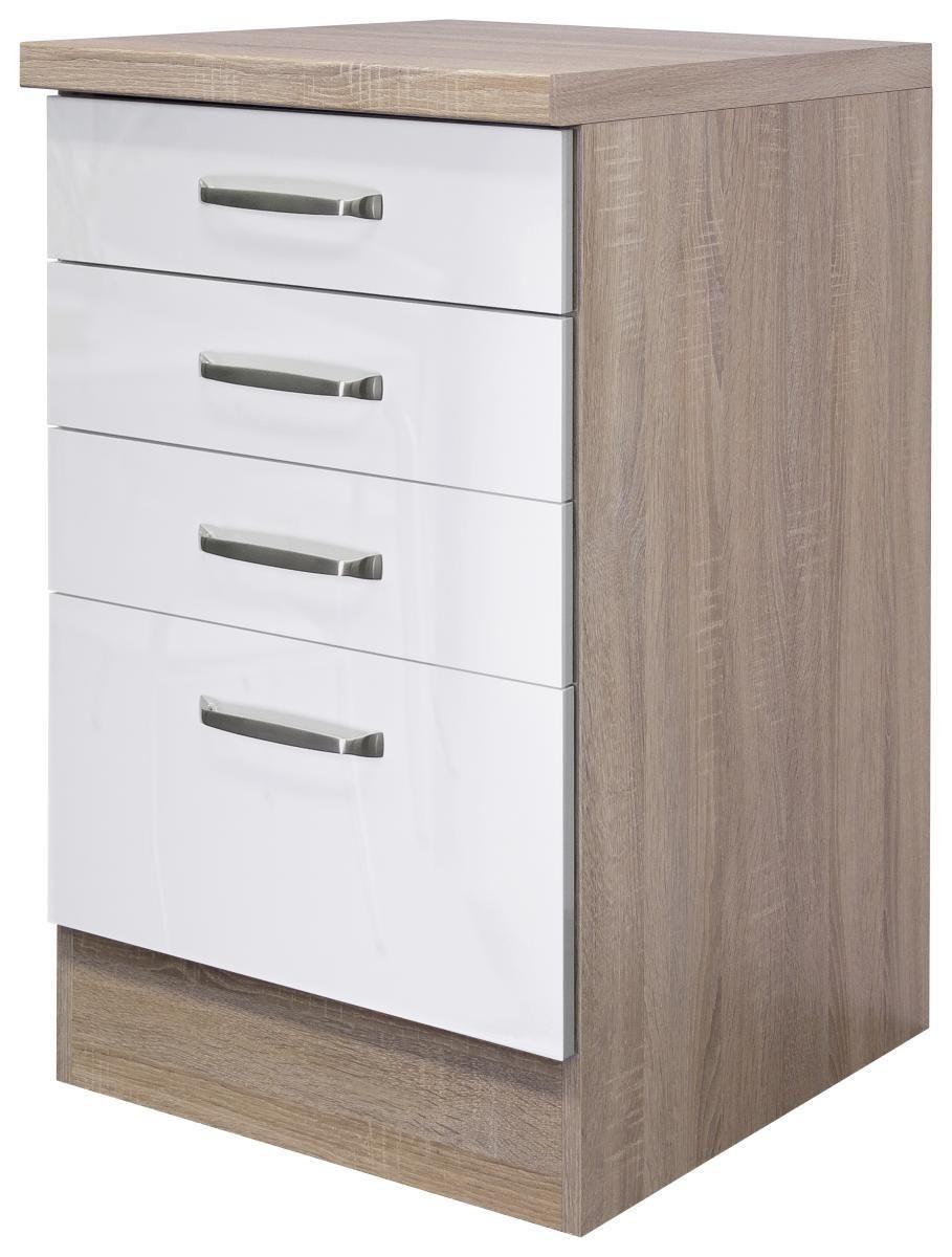 Schubkastenunterschrank Weiß Hochglanz/Eiche - Edelstahlfarben/Weiß Hochglanz, MODERN, Holzwerkstoff/Metall (50/86/60cm) - FlexWell