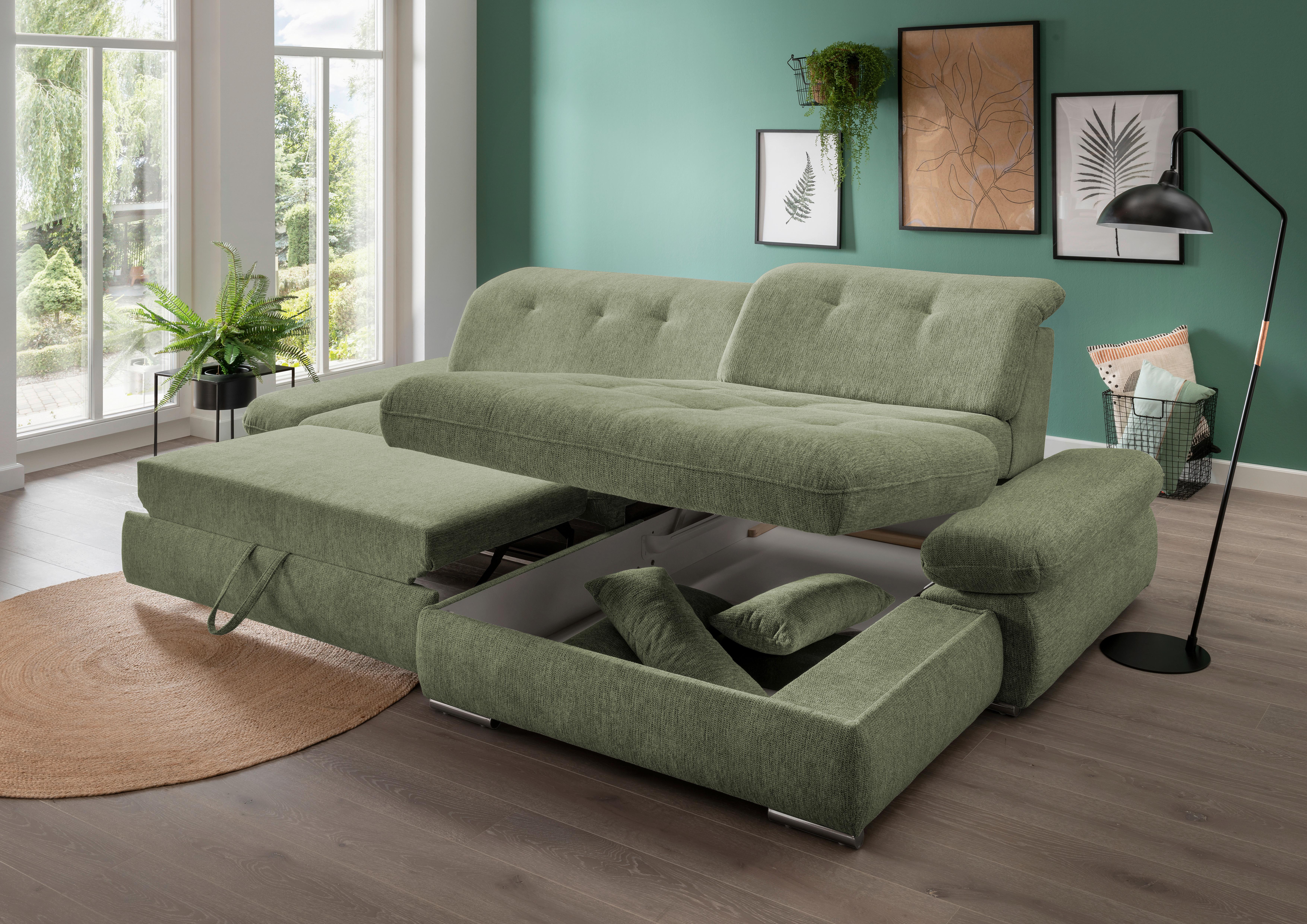 Wohnlandschaft Dalida Grün Chenille - Chromfarben/Grün, Design, Textil/Metall (300/196cm) - Livetastic
