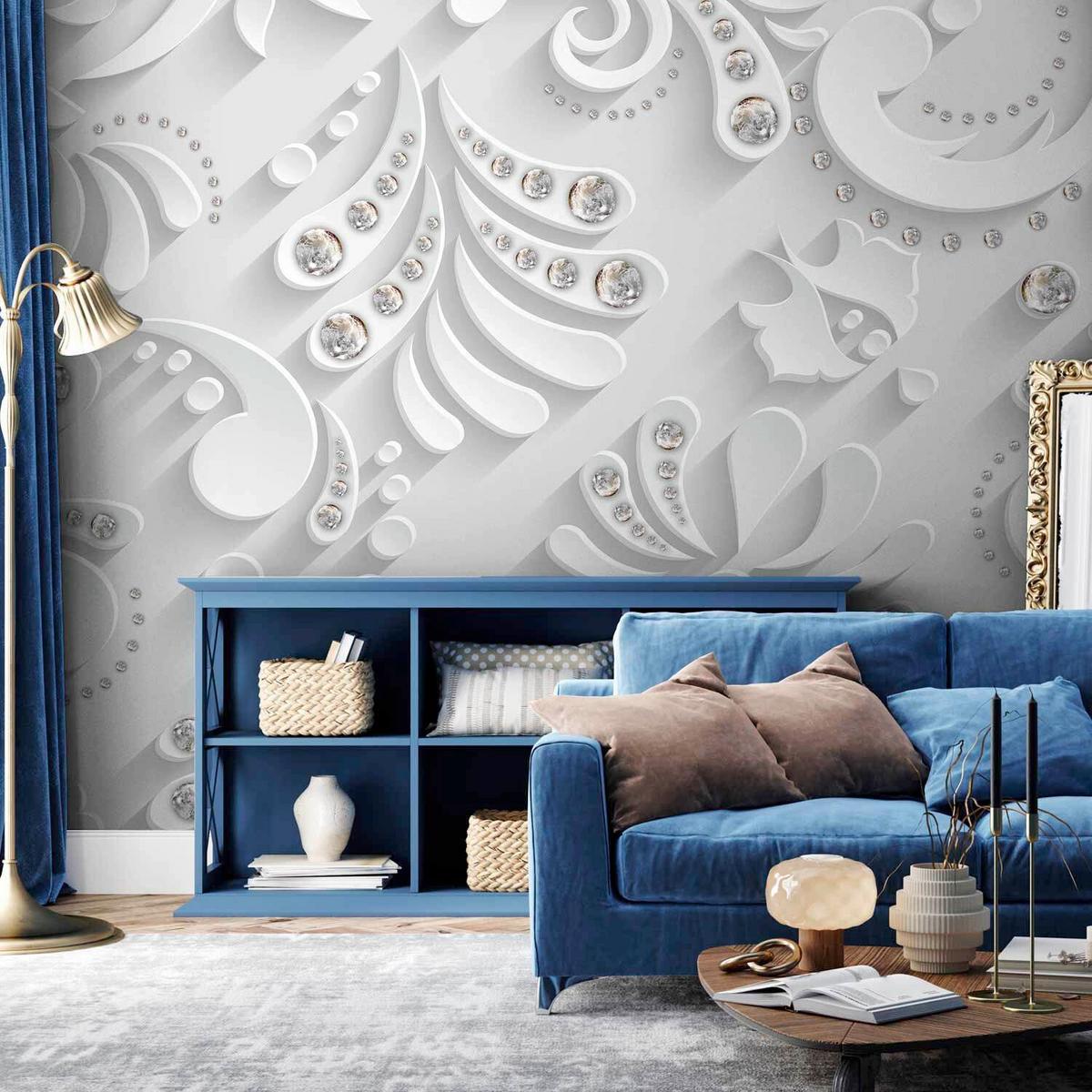 Fotótapéta Flowers With Crystals - ezüstszínű/fehér, Lifestyle, textil (250/175cm) - artgeist