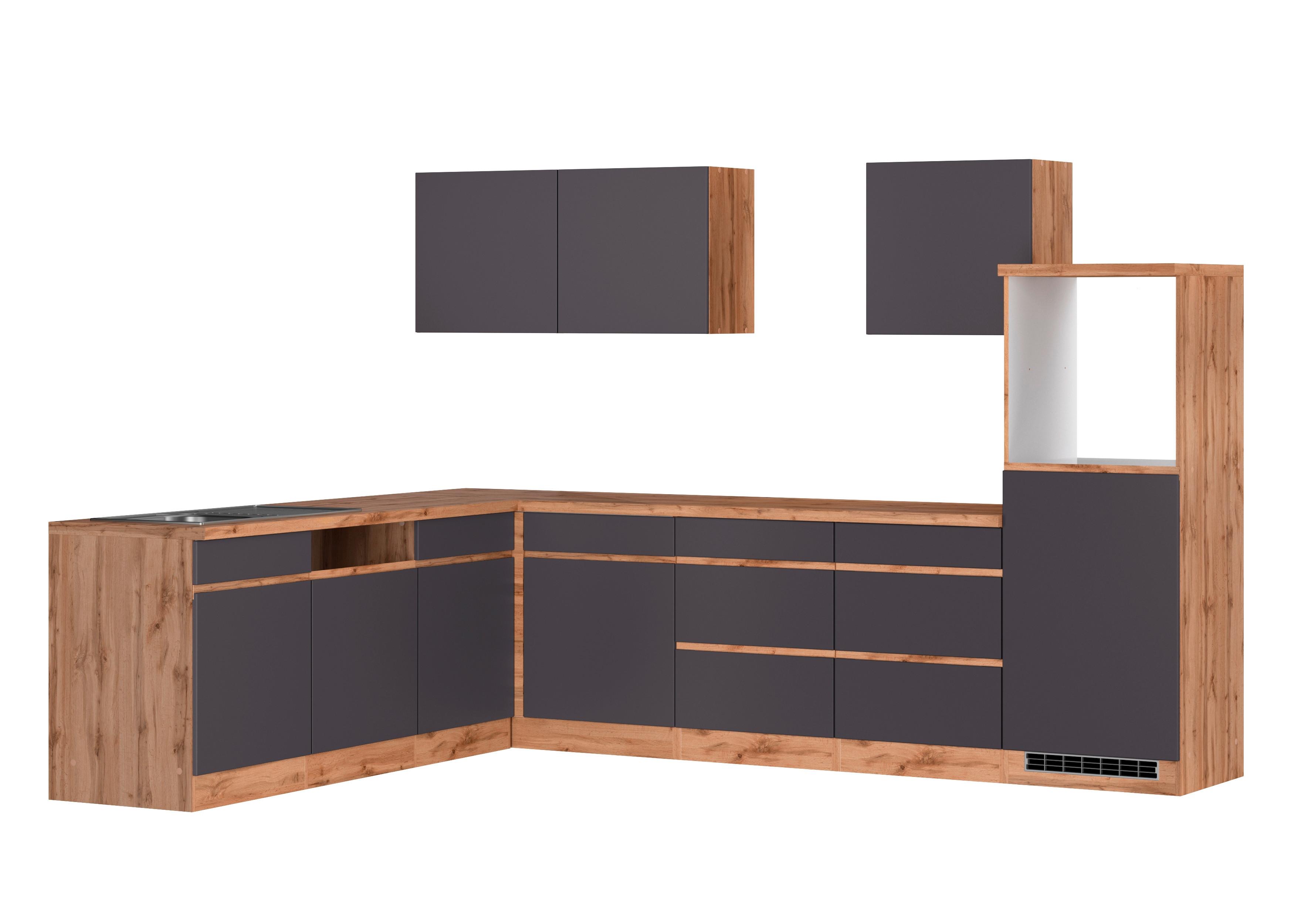 Küchenzeile Turin ohne Geräte ca. 300 cm Grau/Wotan Eiche - Eiche Wotan/Grau, Design, Holzwerkstoff (300cm) - Held