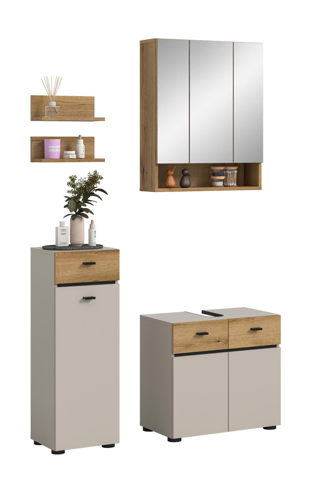 Badezimmer Aqua Eichefarben/Kaschmir 4-teilig - Kaschmir/Eichefarben, Trend, Glas/Holzwerkstoff (92cm) - MID.YOU