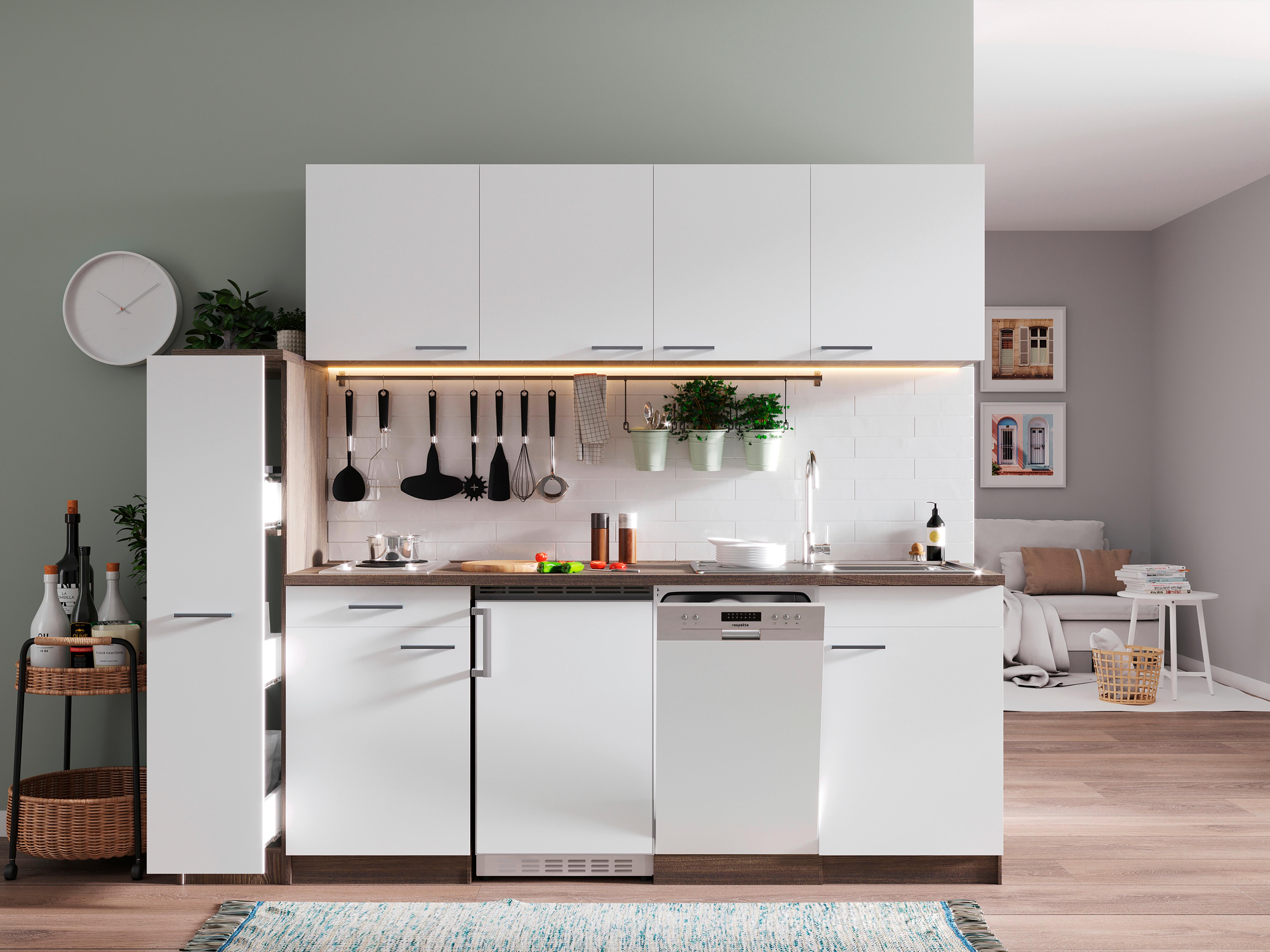 Küchenblock Oliver m. Geräten Weiß - Eichefarben/Alufarben, Basics, Holzwerkstoff/Kunststoff (225cm) - Respekta