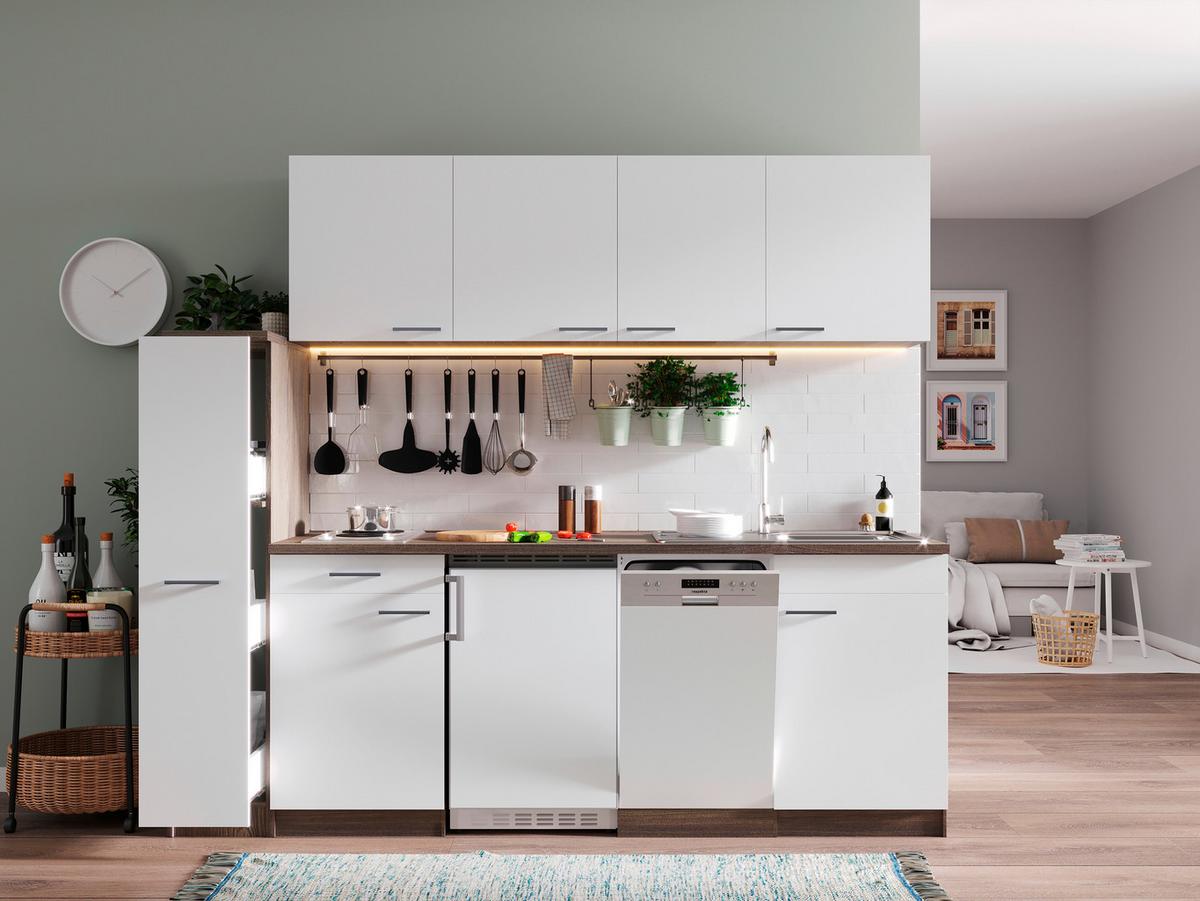 Küchenblock Oliver m. Geräten Weiß - Eichefarben/Alufarben, Basics, Holzwerkstoff/Kunststoff (225cm) - Respekta