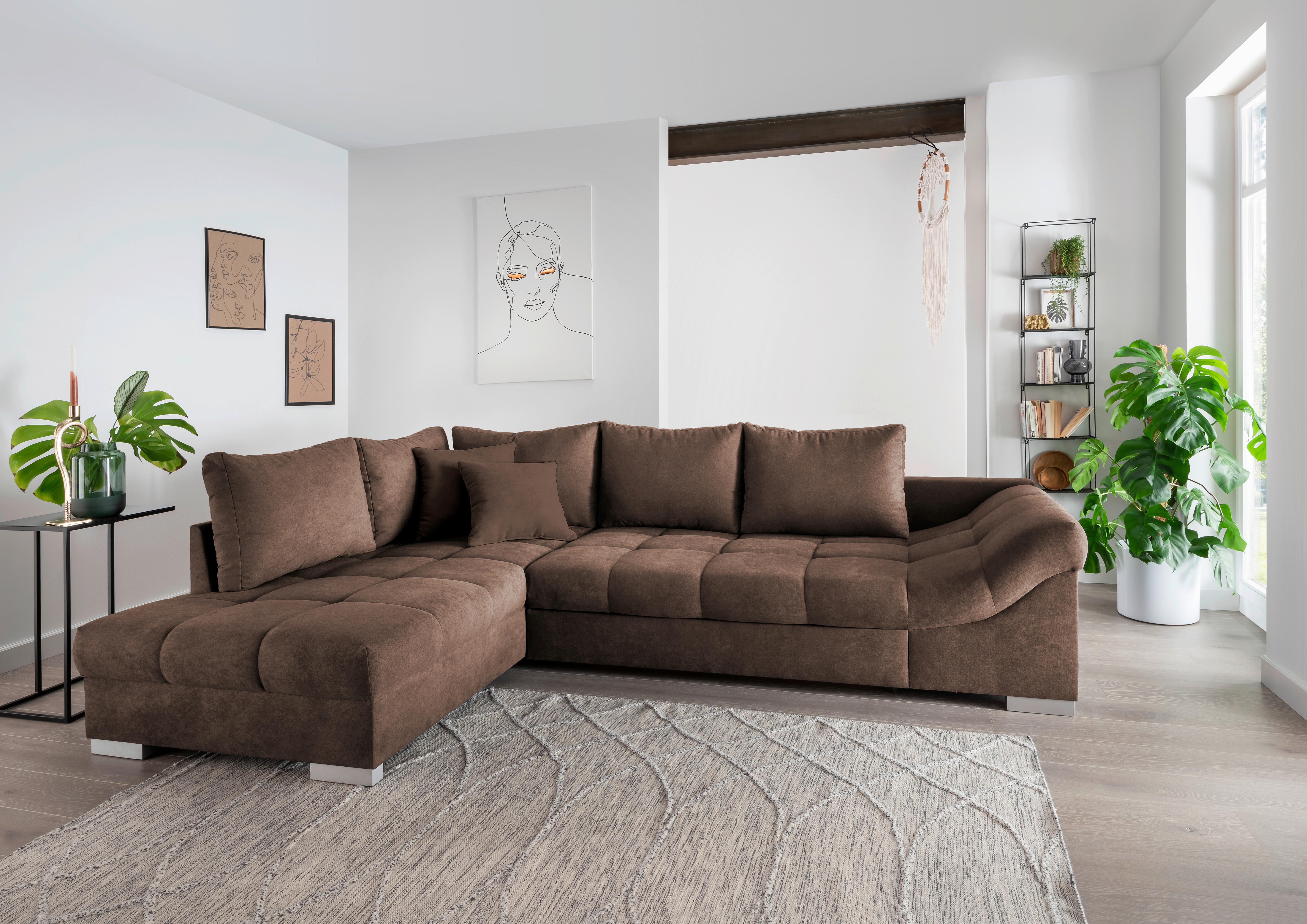 Wohnlandschaft Alvito Braun Nylon/Mikrofaser - Silberfarben/Braun, Design, Holz/Textil (202/298cm) - MID.YOU