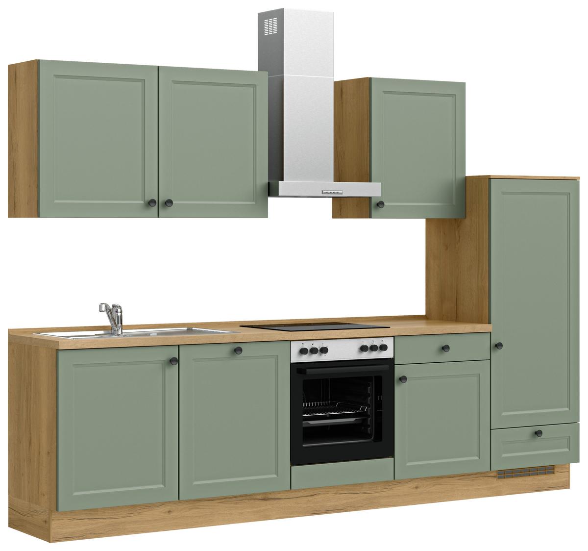 Küchenblock Cascada Low m. Geräten Schilfgrün - Schilfgrün/Eichefarben, MODERN, Holzwerkstoff/Metall (300cm) - Nobilia