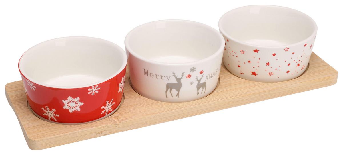 Servierschalenset SCHALI - Weiss/Hellrot, Holz/Keramik (29/5/10,5cm)