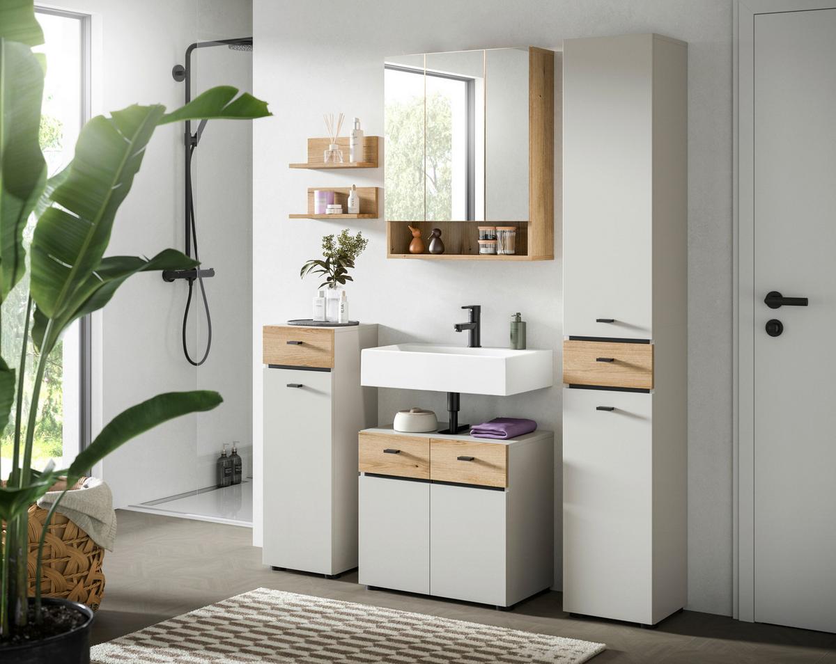 Midischrank Aqua Kaschmir - Kaschmir/Eichefarben, Trend, Holzwerkstoff/Kunststoff (32/91/30cm) - MID.YOU