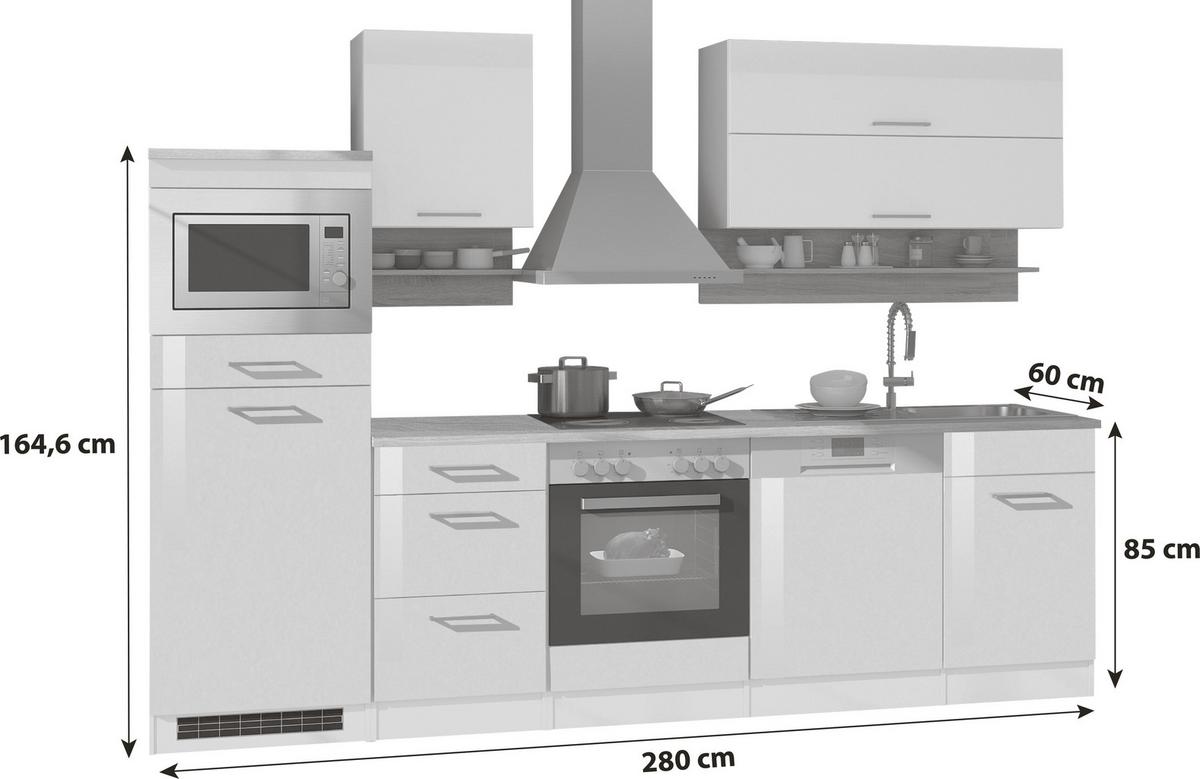 Küchenblock in Anthrazit inkl. E-Geräte 'Mailand' - Chromfarben/Eichefarben, MODERN, Holzwerkstoff/Metall (280cm) - Held