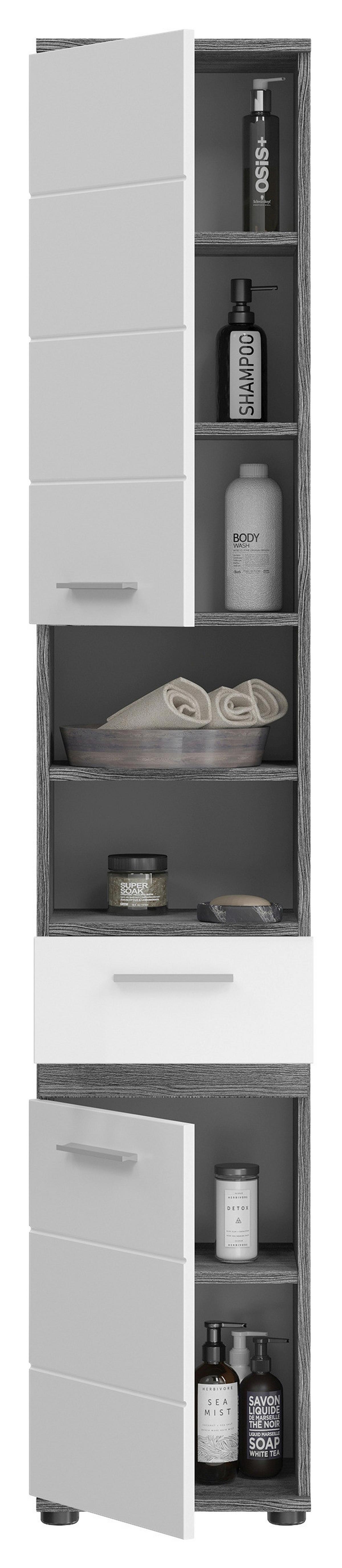 Badezimmer-Set BLAKE 5-teilig, Weiß Hochglanz - Weiß Hochglanz/Silberfarben, MODERN, Glas/Holzwerkstoff (150cm) - MID.YOU