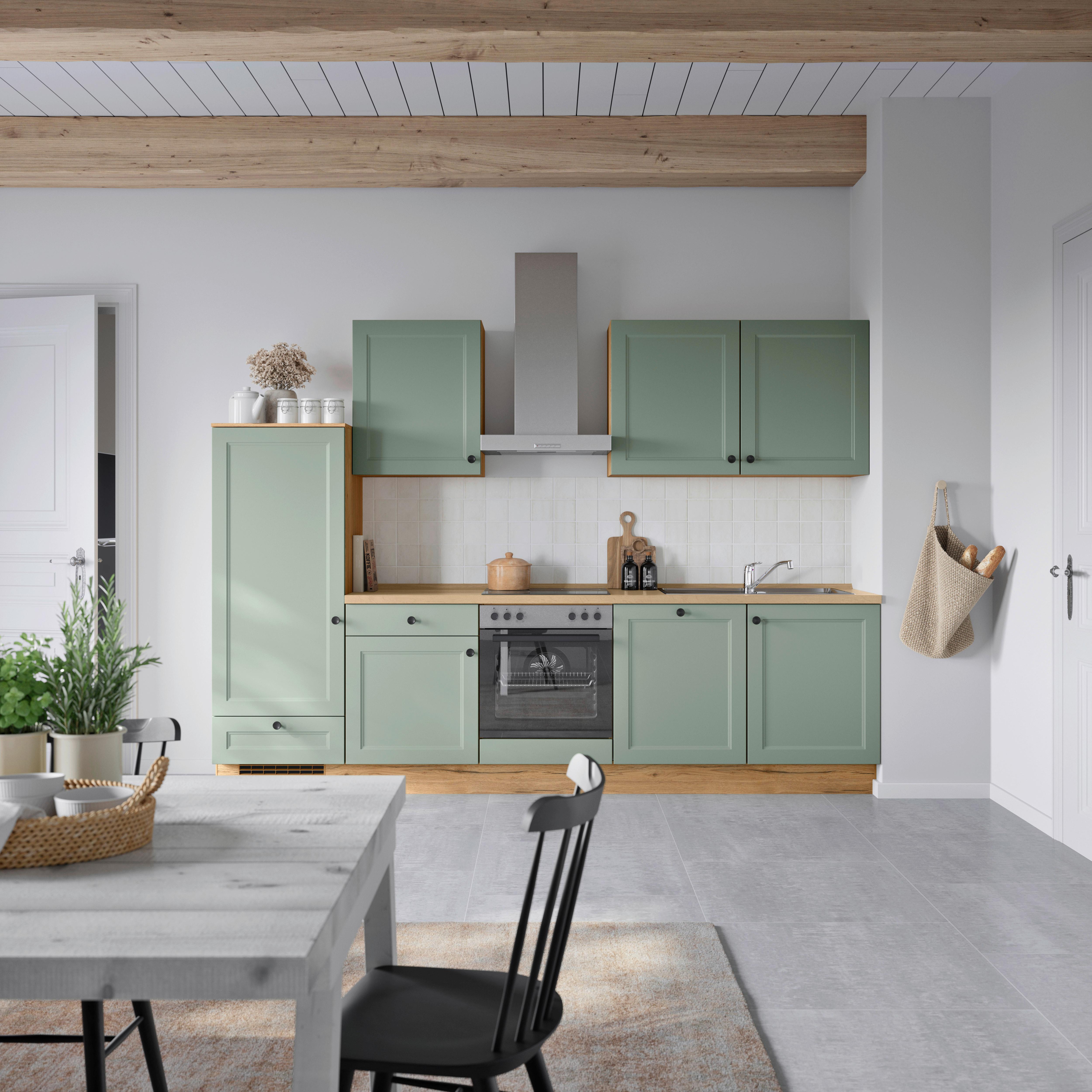 Küchenblock Cascada Low m. Geräten Schilfgrün - Schilfgrün/Eichefarben, MODERN, Holzwerkstoff/Metall (300cm) - Nobilia