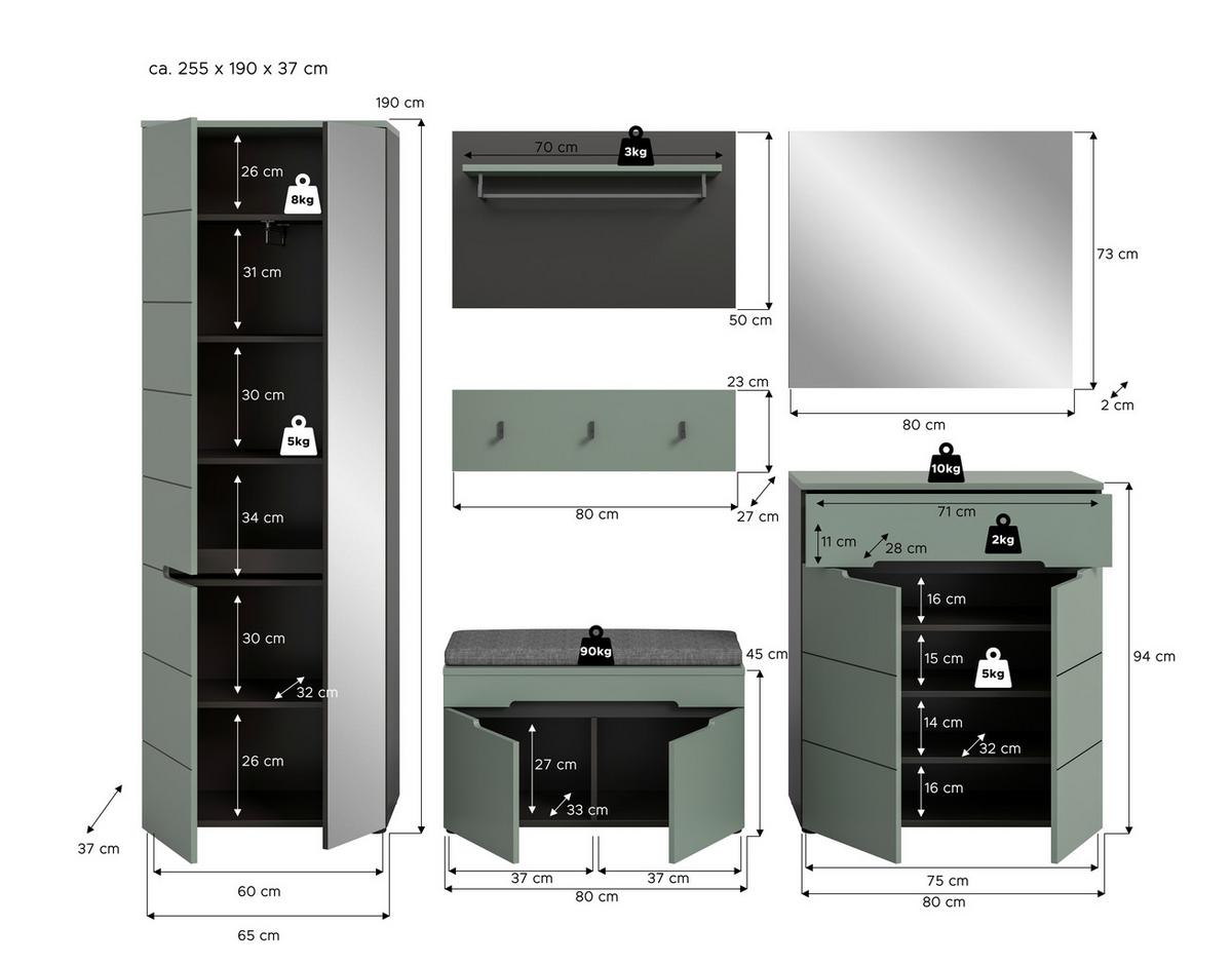 Predsoba Canu, Sivozelena, 5-Delna - siva/sivozelena, Design, leseni material (255/190/37cm) - Livetastic