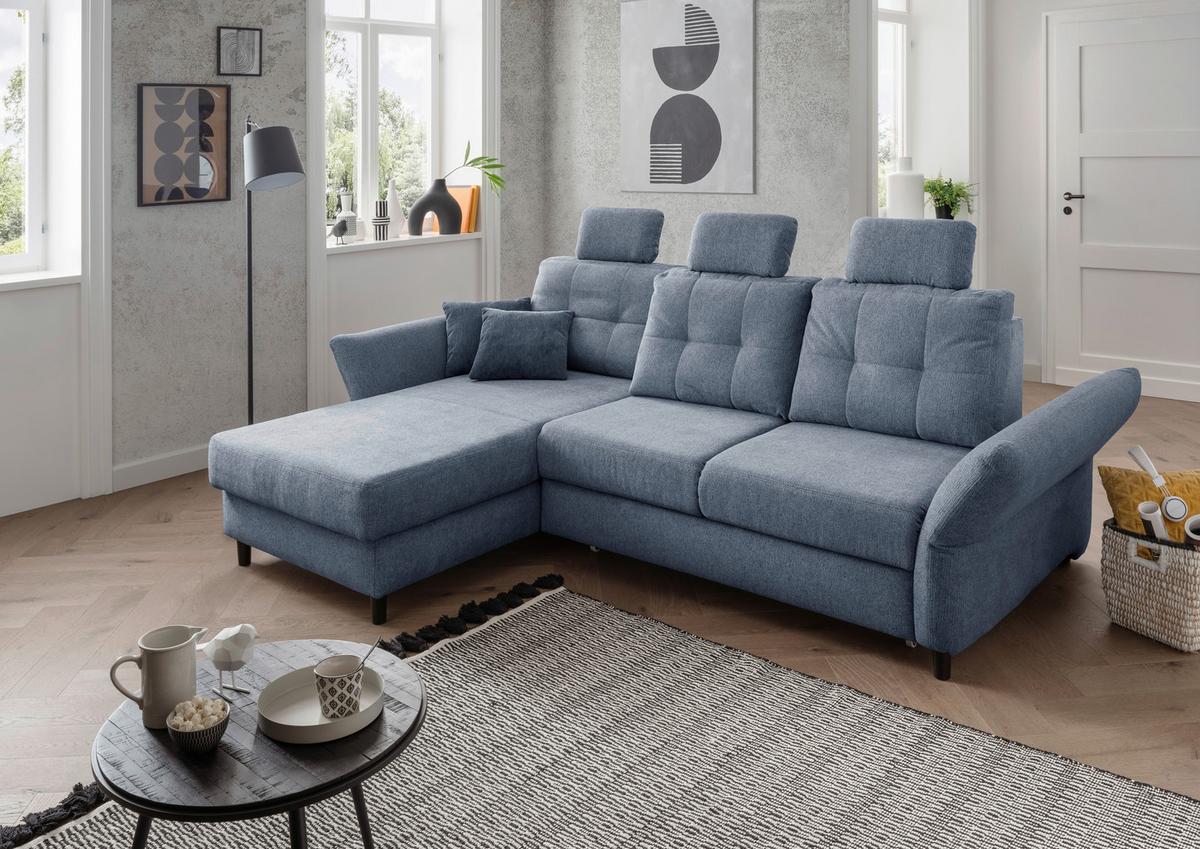 Wohnlandschaft Brizzini Hellblau Chenille - Blau/Schwarz, MODERN, Holz/Textil (176/250-280cm) - Livetastic