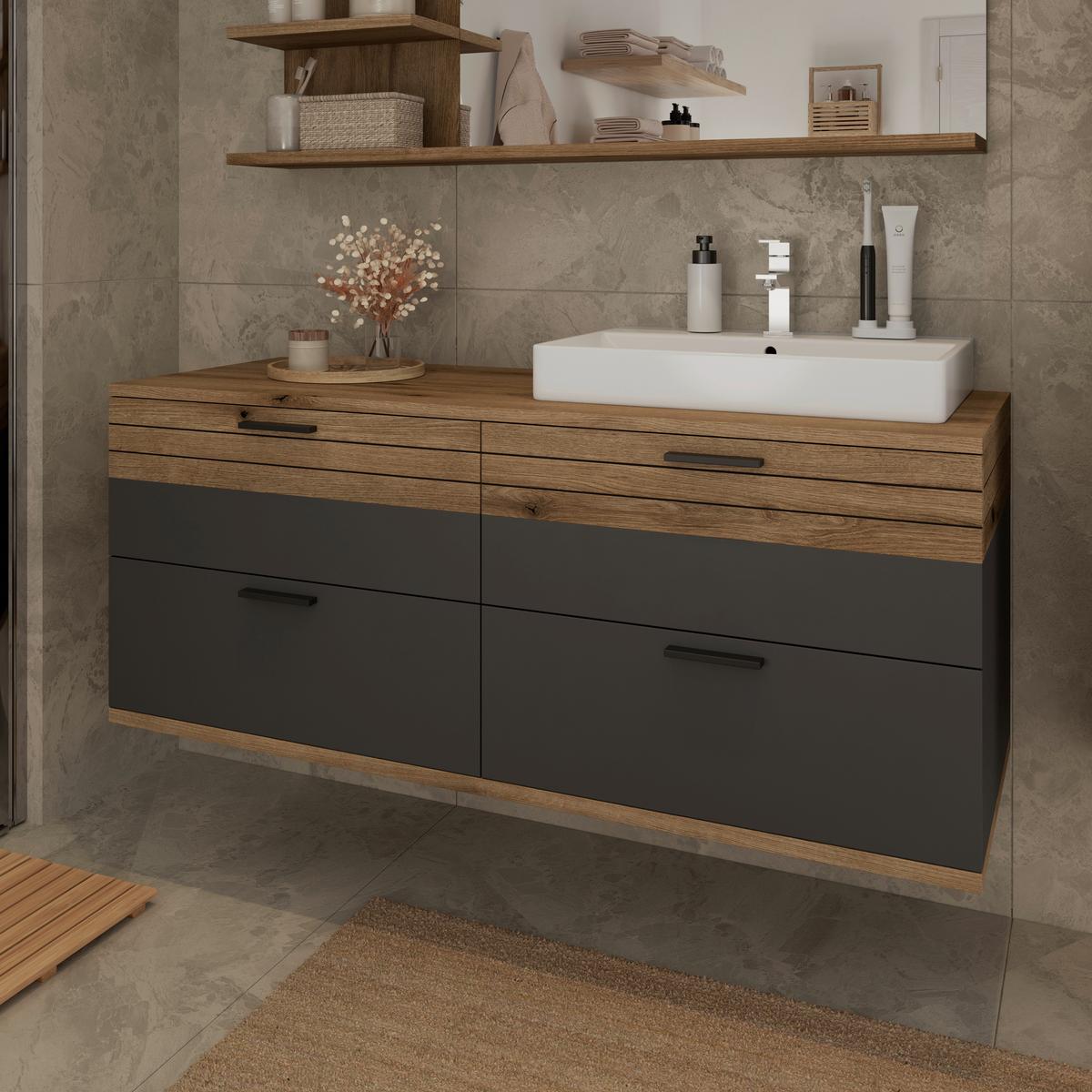Umivalniška Enota Z Umivalnikom, Cotlu, Antracit - črna/barve hrasta, Moderno, kovina/leseni material (140/57/48cm) - James Wood