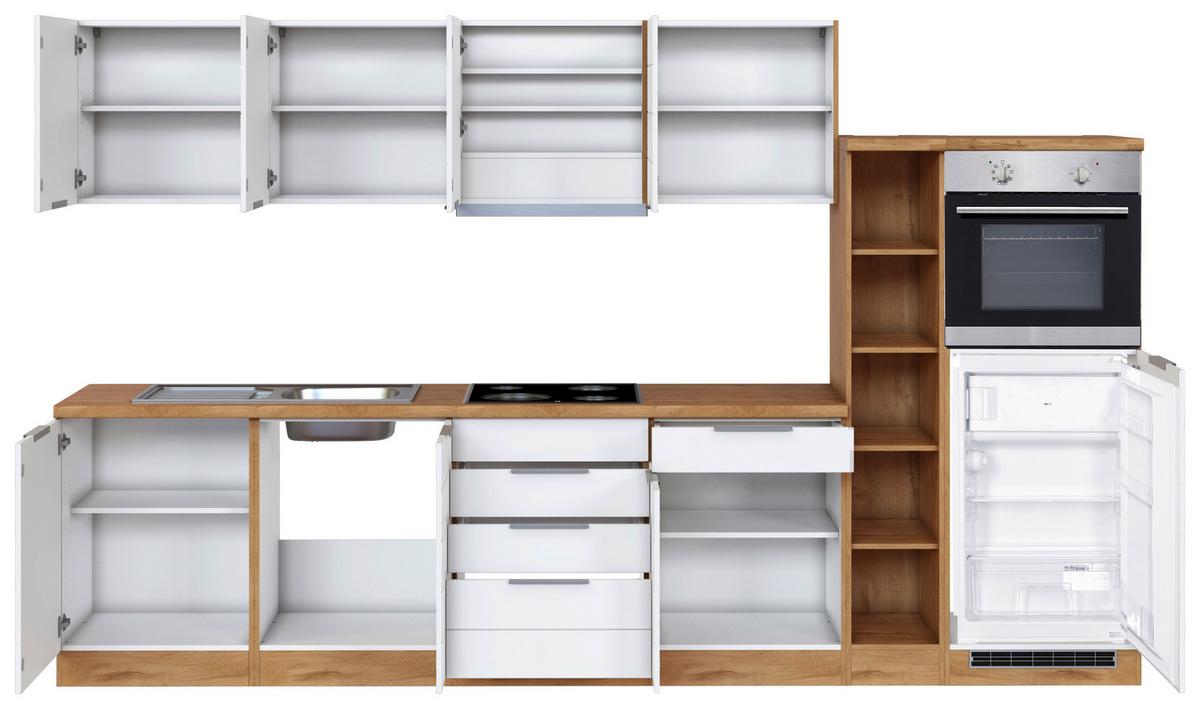 Küchenblock Florenz mit Geräten ca. 330 cm Weiß/Eiche - Eiche Wotan/Weiß, Design, Holzwerkstoff/Metall (330cm) - Held