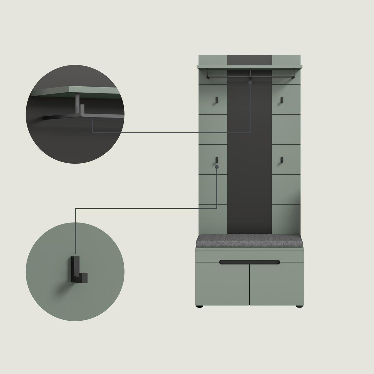 Predsoba Canu, Sivozelena, 5-Delna - siva/sivozelena, Design, leseni material (255/190/37cm) - Livetastic