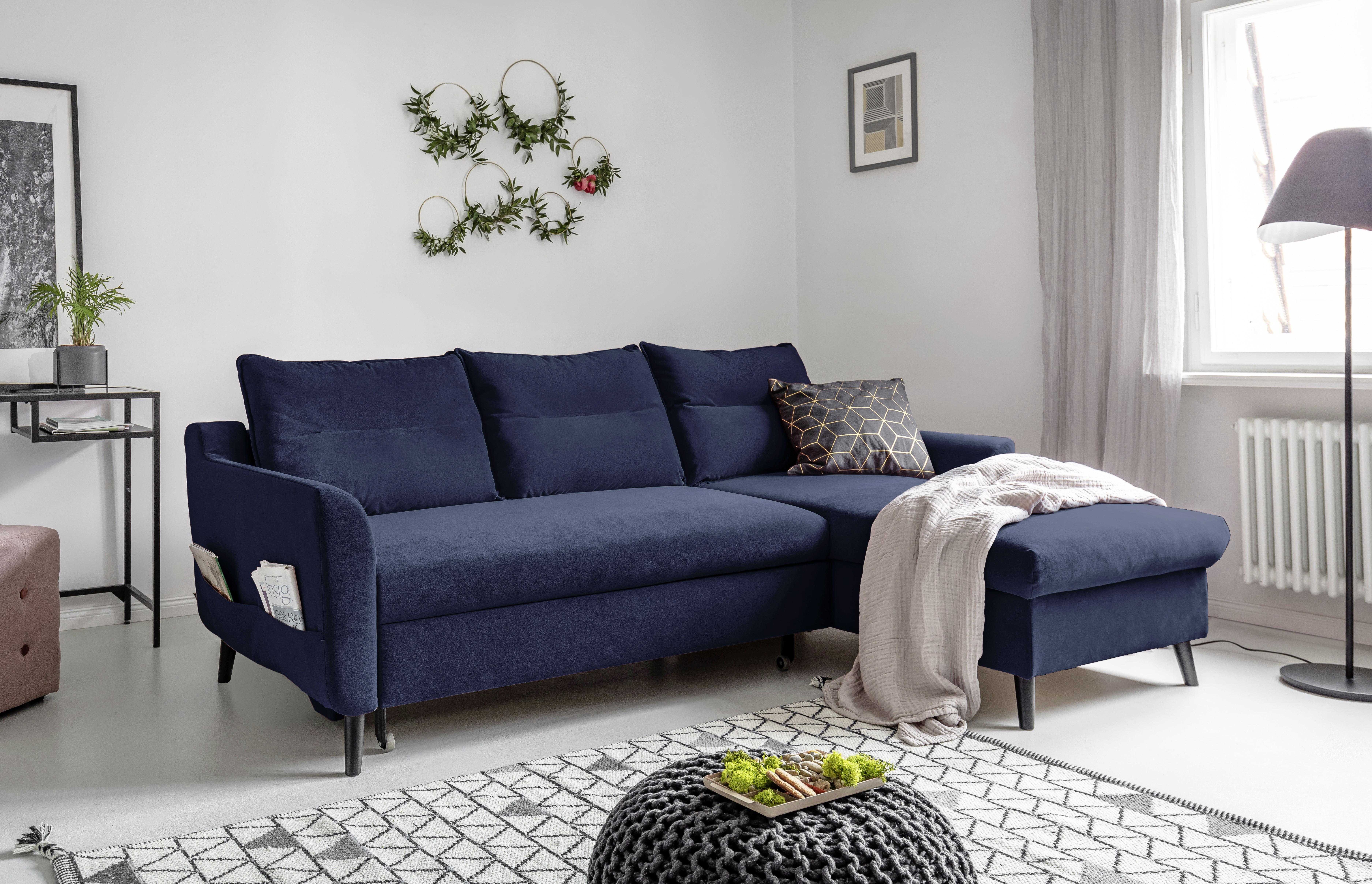 Eckschlafsofa in Dunkelblau ´STYLISH STAN DUNKELBLAU´ - Schwarz/Dunkelblau, Basics, Holz/Textil (230/150cm) - MID.YOU