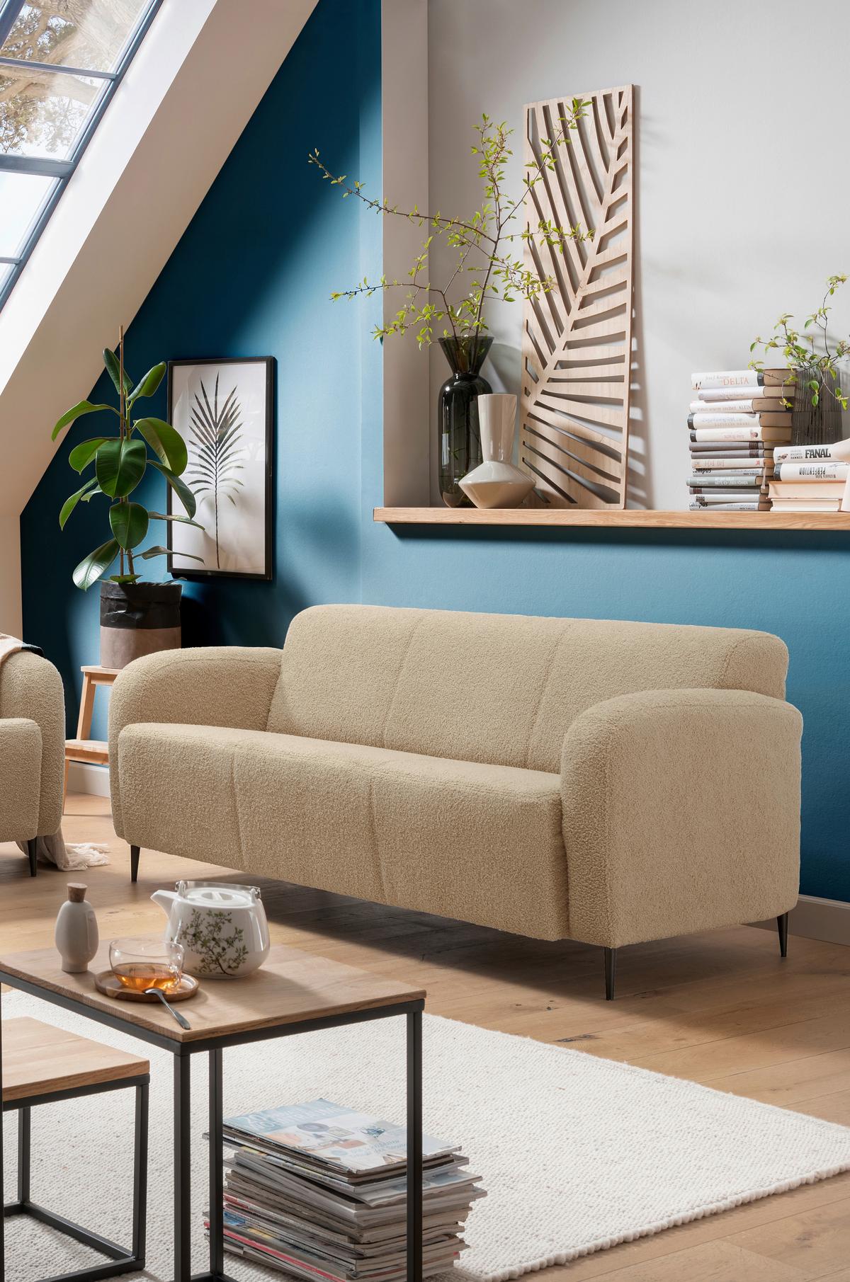 3-Sitzer-Sofa Marone Creme Teddystoff - Creme/Schwarz, MODERN, Textil/Metall (180/76/90cm) - Livetastic