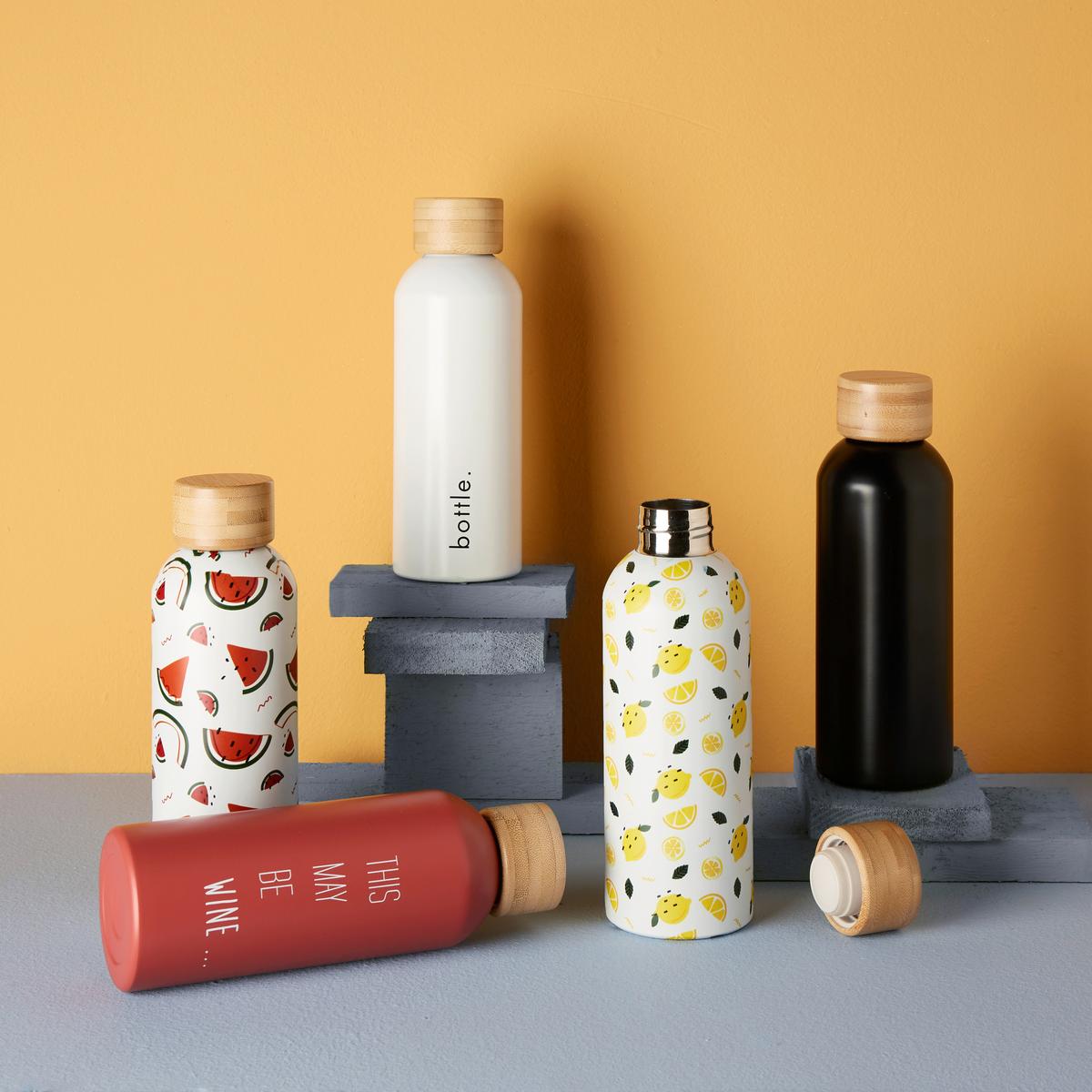 Thermosflasche FUN - Schwarz/Weiß, Holz/Metall (500ml) - Premium Living