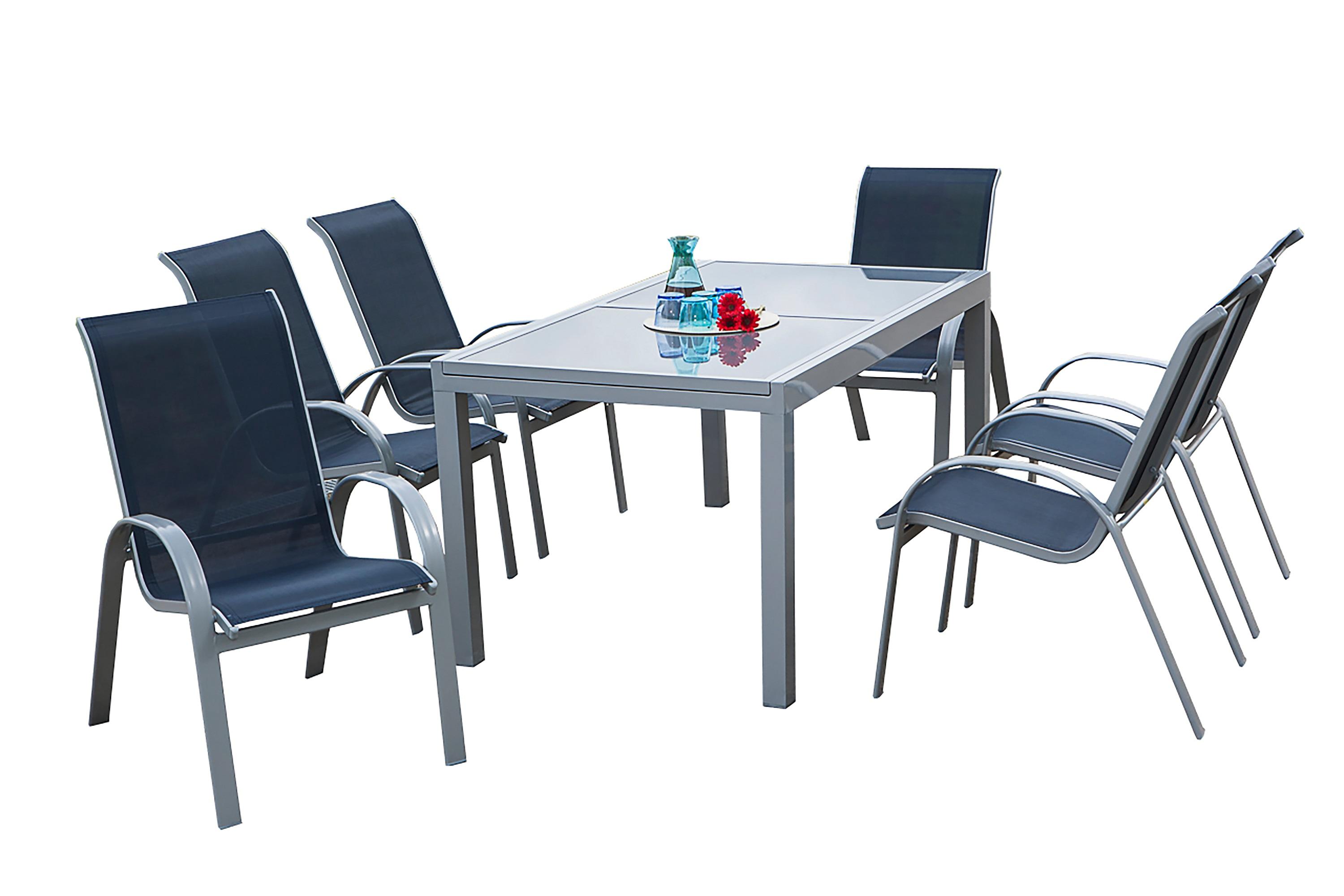 Gartengarnitur 7-tlg. Amalfi Metall/Textil erweiterbar - Blau/Silberfarben, ROMANTIK / LANDHAUS, Glas/Textil - Gardenson