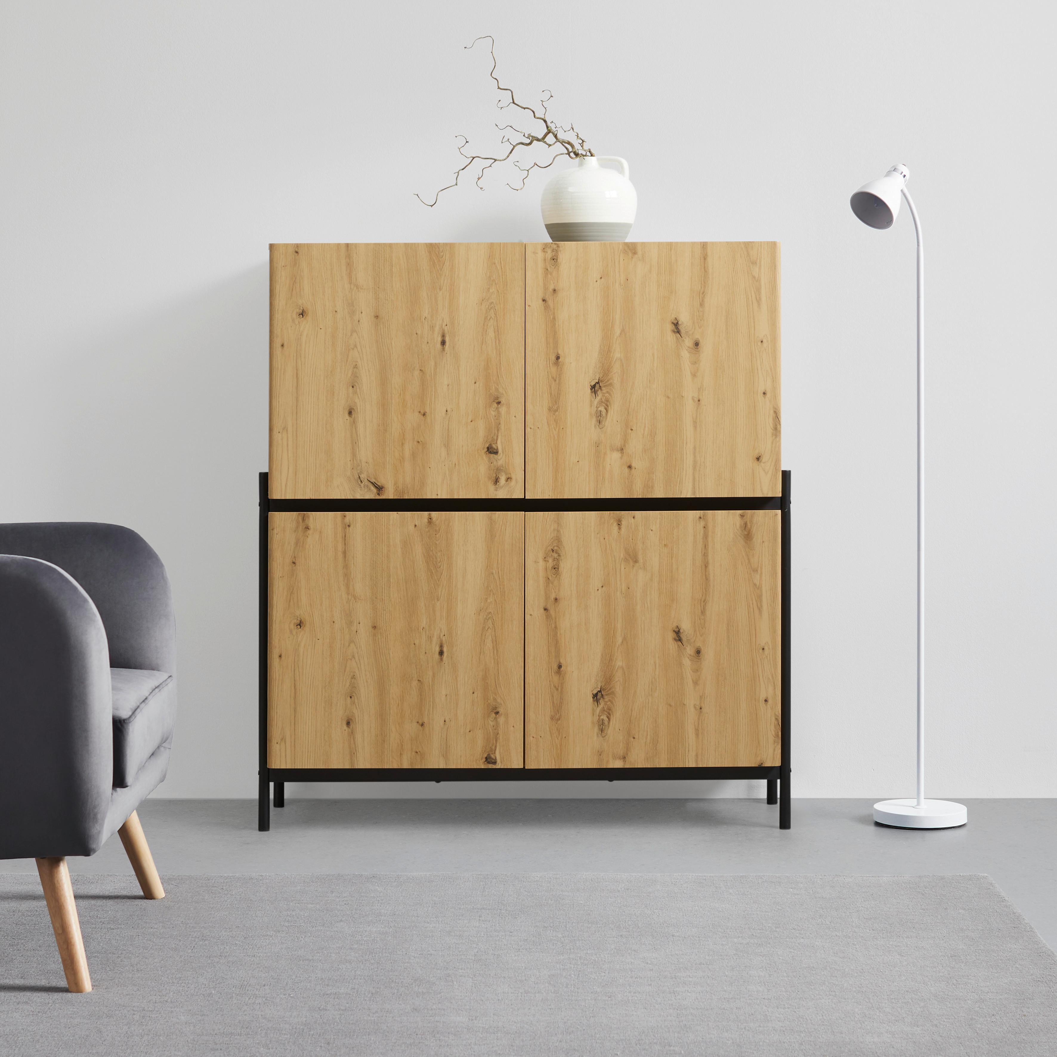 Highboard Jasmina Schwarz/Eichefarben MDF/Metall - Eichefarben/Schwarz, MODERN, Holz/Metall (118/131/41,5cm) - Bessagi Home