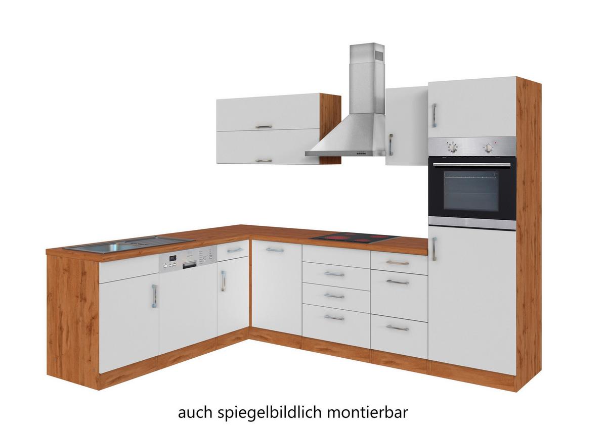 Eckküche Winkelblock mit Geräten ca. 210x270 cm Weiß - Chromfarben/Eiche Wotan, MODERN, Holzwerkstoff/Metall (210/270cm) - Held