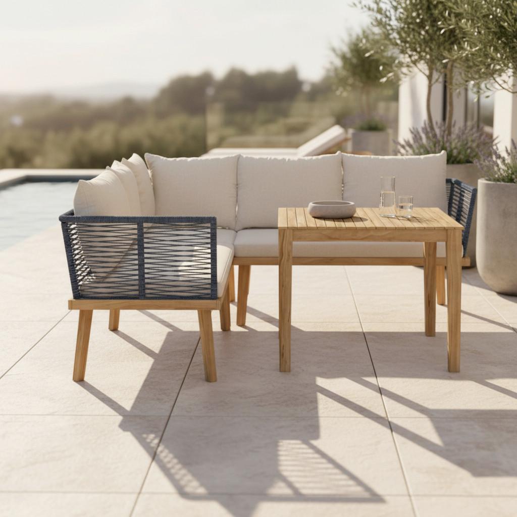 Dining-Loungeset Julina Creme Outdoorstoff/Metall - Creme/Akaziefarben, MODERN, Holz/Textil (205/76/72cm) - Bessagi Garden
