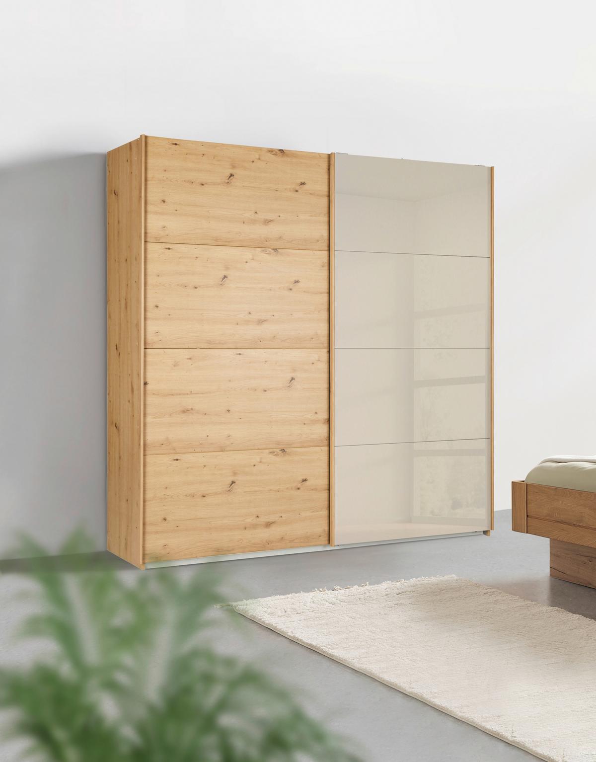 Tolóajtós Szekrény 2 Ajtós Quadra - Pezsgő/Artisan tölgy, Modern, faalapú anyag/Üveg (226/229/61cm)