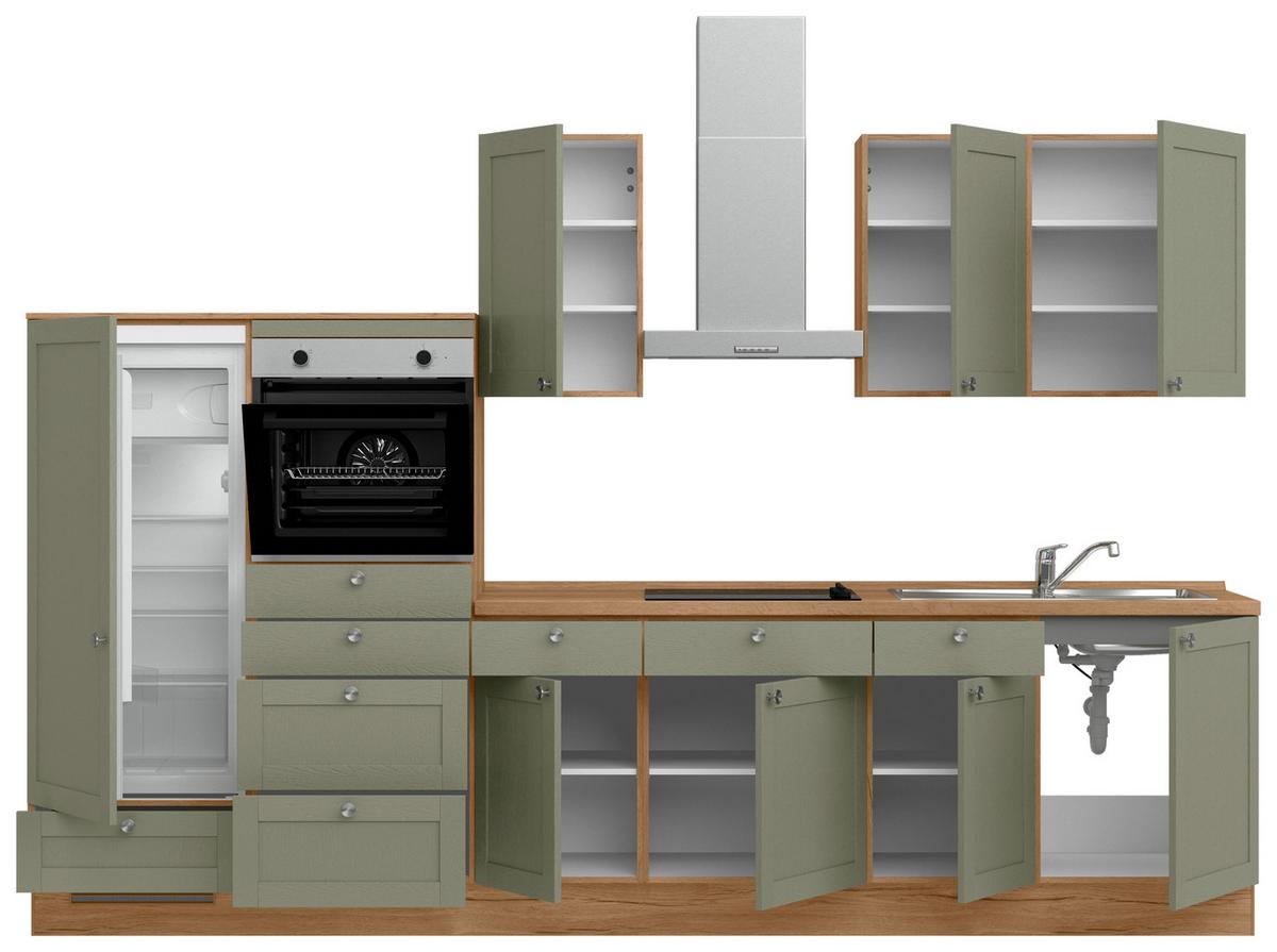 Küchenleerblock Frame Low o. Geräte Olivgrün - Edelstahlfarben/Eichefarben, MODERN, Holzwerkstoff/Metall (330cm) - Nobilia