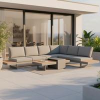 Loungegarnitur Sabrina Grau Metall/Outdoorstoff - Dunkelgrau/Naturfarben, MODERN, Kunststoff/Textil (323/79/253cm) - Bessagi Garden