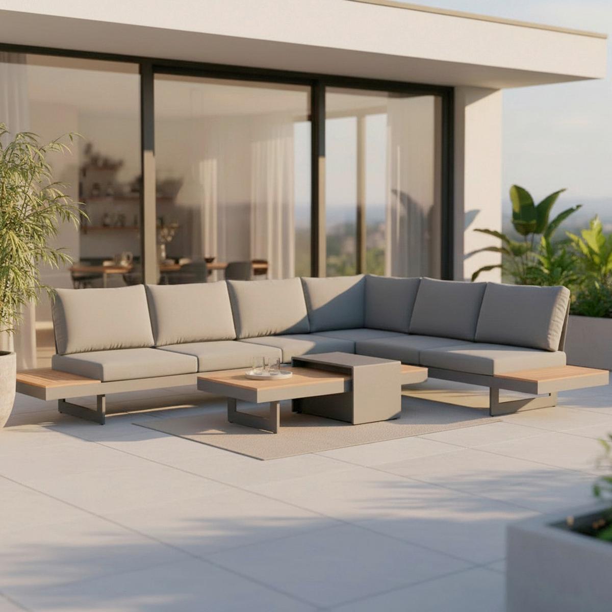 Loungegarnitur Sabrina Grau Metall/Outdoorstoff - Dunkelgrau/Naturfarben, MODERN, Kunststoff/Textil (323/79/253cm) - Bessagi Garden