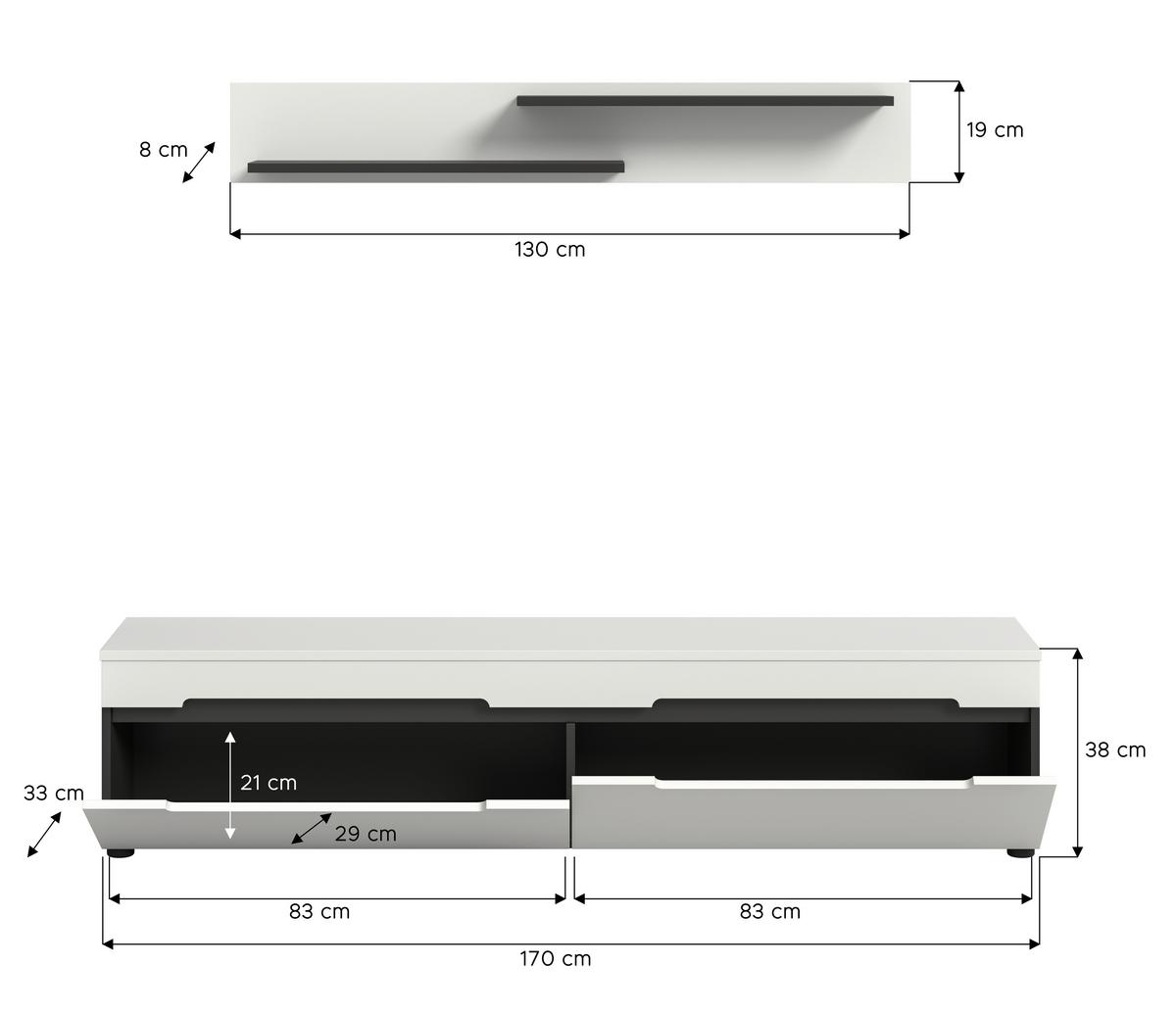 Dnevni Regal Canu, Bela, Siva, 2-Delni - temno siva/črna, Design, umetna masa/leseni material (170/38/33cm) - Livetastic