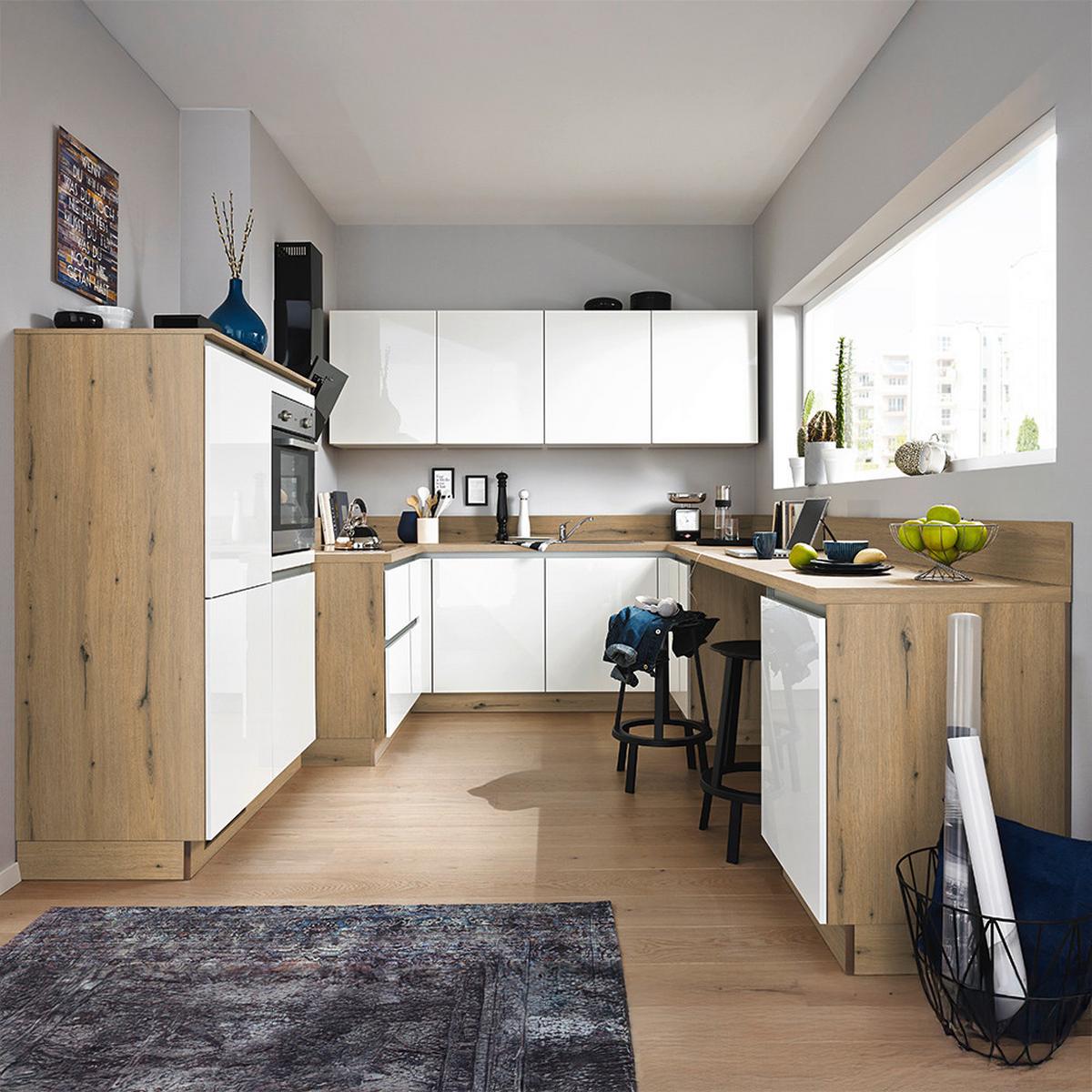 Eckküche Star o. Geräte ca. 275/250x340cm Weiß - Edelstahlfarben/Weiß Hochglanz, MODERN, Holzwerkstoff (275/250/340cm) - Express-Kuechen