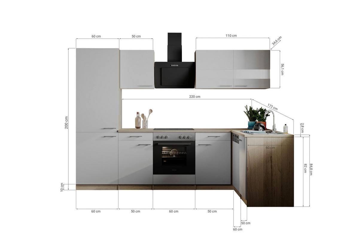 Eckküche Merle m. Geräten ca. 280x172cm Weiß - Edelstahlfarben/Eichefarben, Basics, Holzwerkstoff/Metall (280/172cm) - Respekta