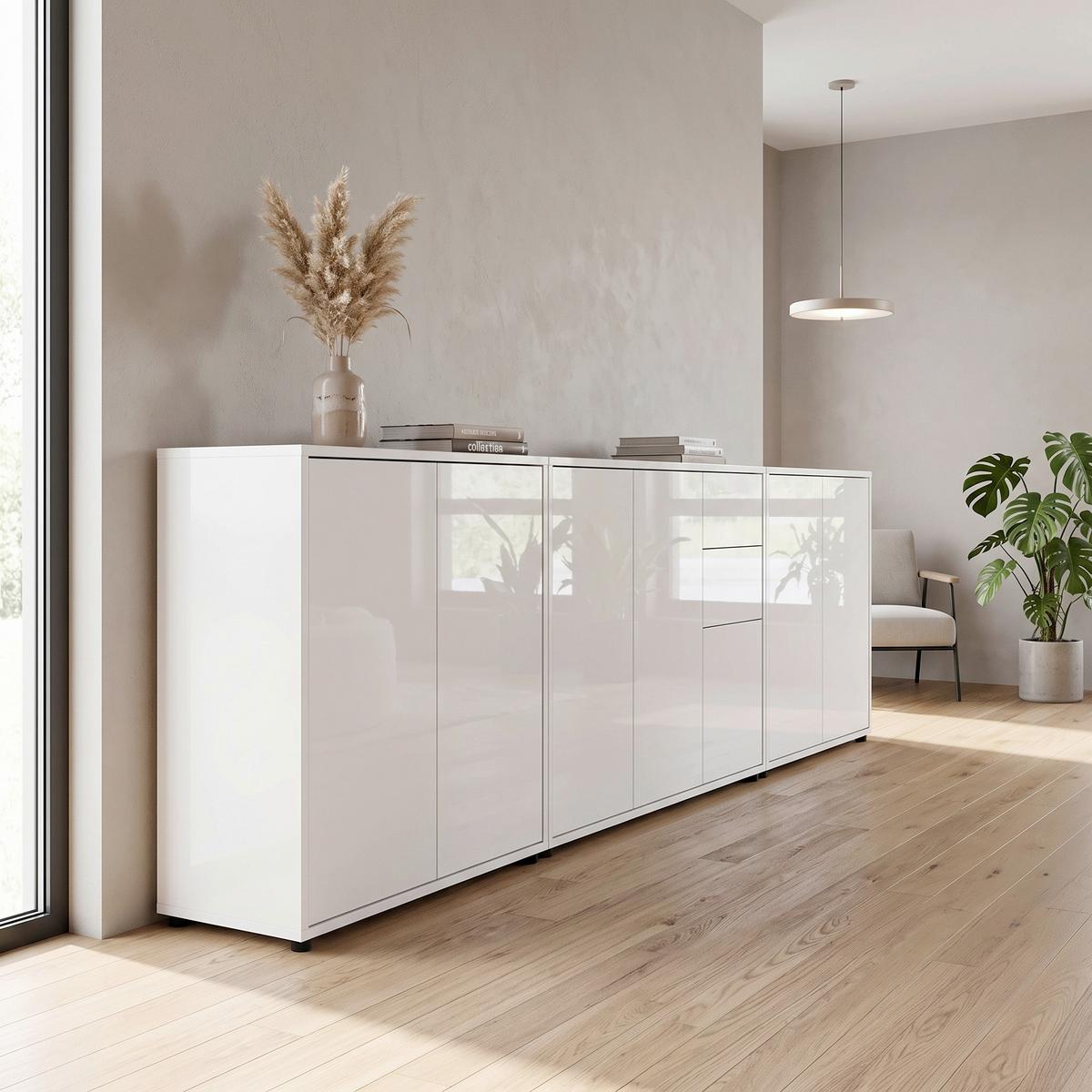Sideboard Mailand Set 6 Weiß - Weiß Hochglanz/Schwarz, MODERN, Holzwerkstoff/Kunststoff (263,5/73/33cm) - MID.YOU