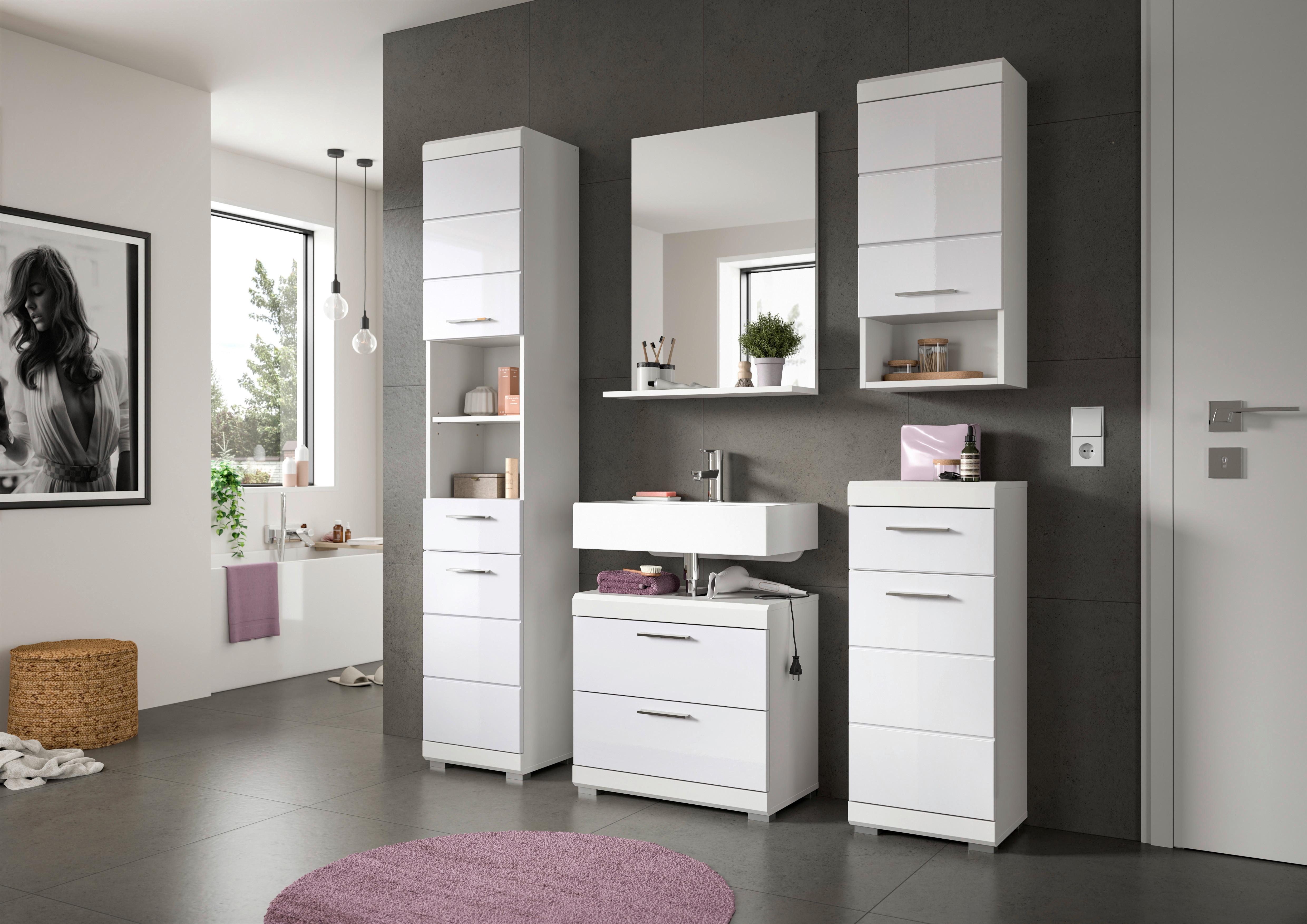 Badezimmer SCOUT 5-teilig Weiß Hochglanz - Weiß Hochglanz/Silberfarben, MODERN, Glas/Holzwerkstoff (134cm) - MID.YOU