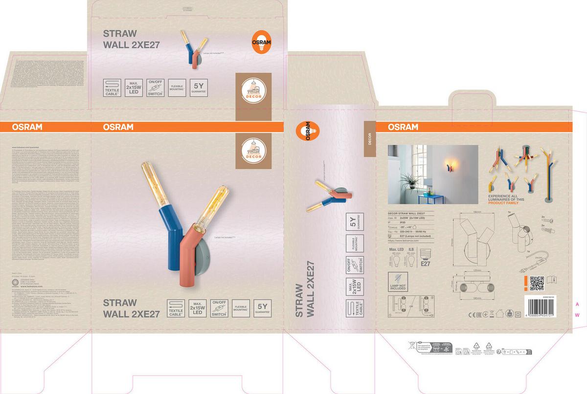 KINKIET DECOR STRAW WALL 2XE27 - Design, metal (18/7.7/21cm) - Osram