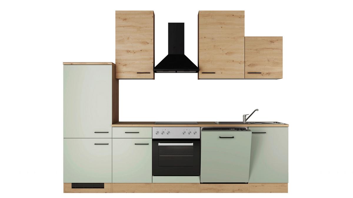 Küchenblock Cara m. Geräten Schilfgrün - Schilfgrün/Schwarz, Trend, Holzwerkstoff/Metall (280cm) - FlexWell