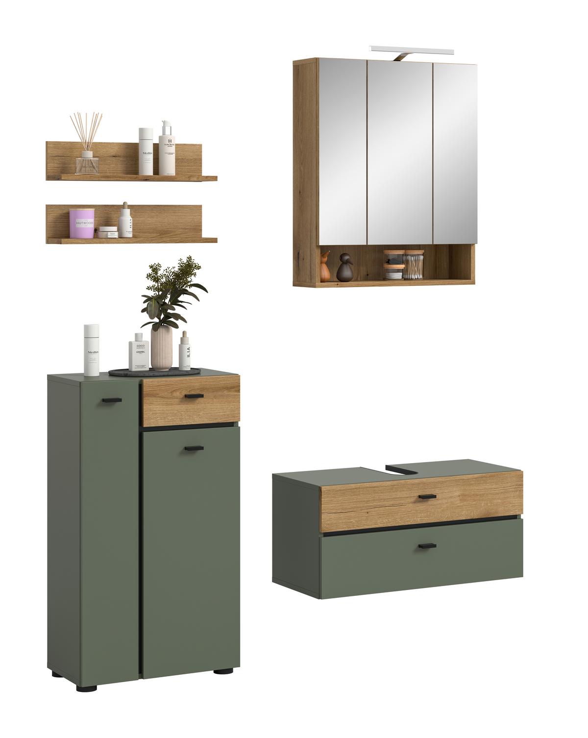 Badezimmer AQUA Grün, Eichefarben 4-teilig - Eichefarben/Schwarz, Trend, Glas/Holzwerkstoff (126cm) - MID.YOU